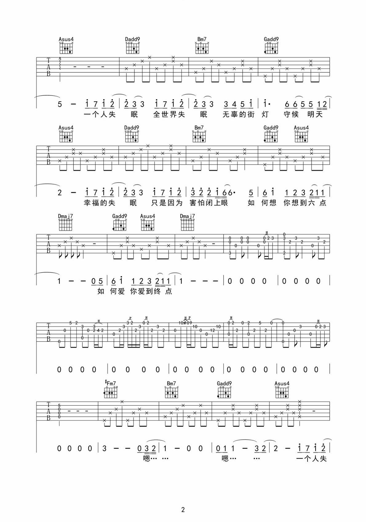 垂耳吉他编配版全世界失眠吉他谱第(2)页