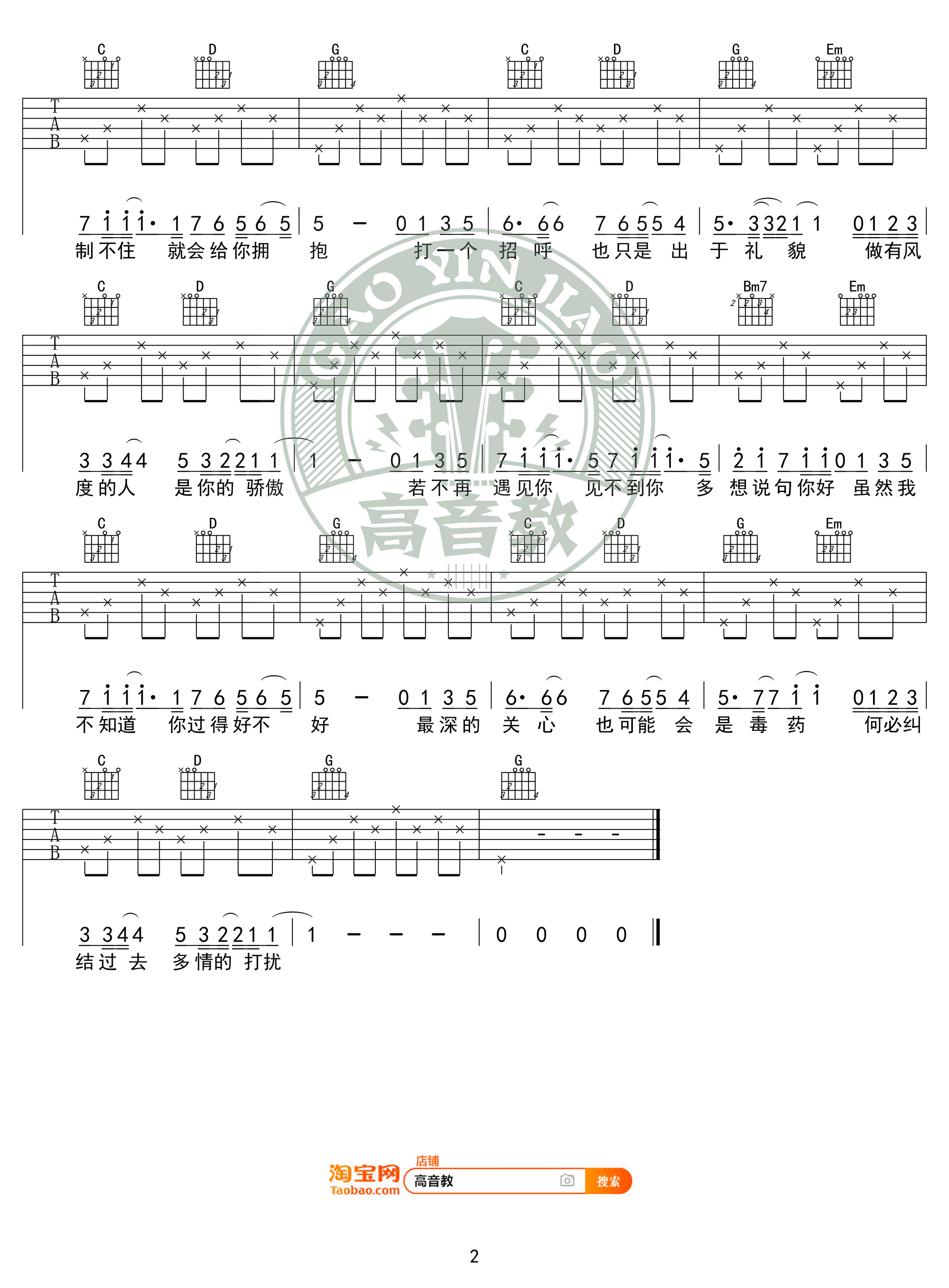 请先说你好吉他谱G调入门版第(2)页