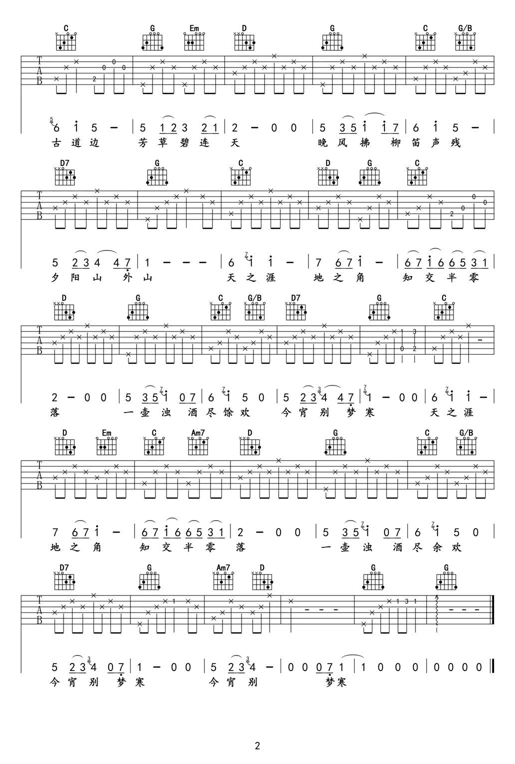 送别吉他谱G调简易版第(2)页