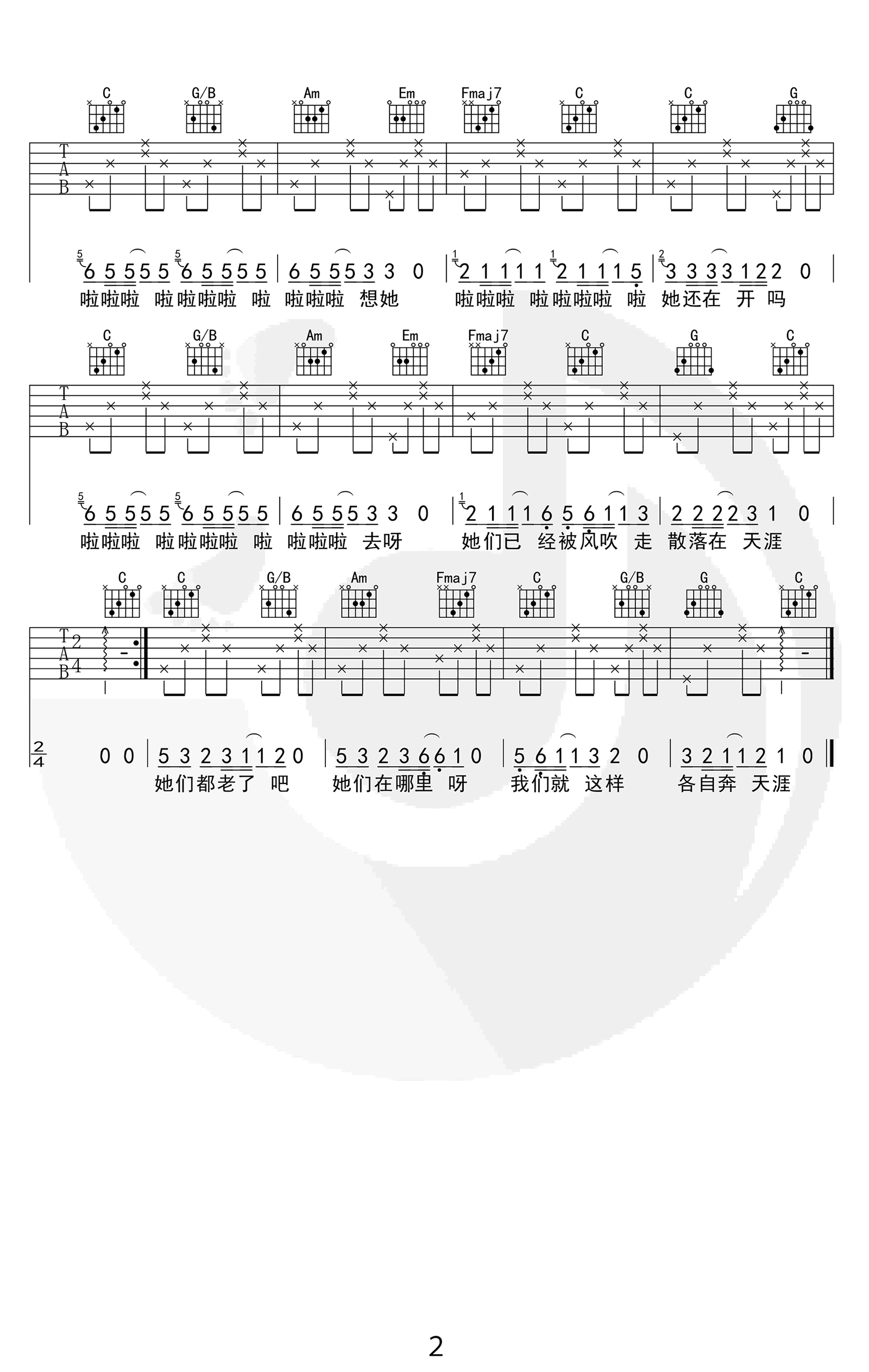 那些花儿吉他谱C调简单版第(2)页
