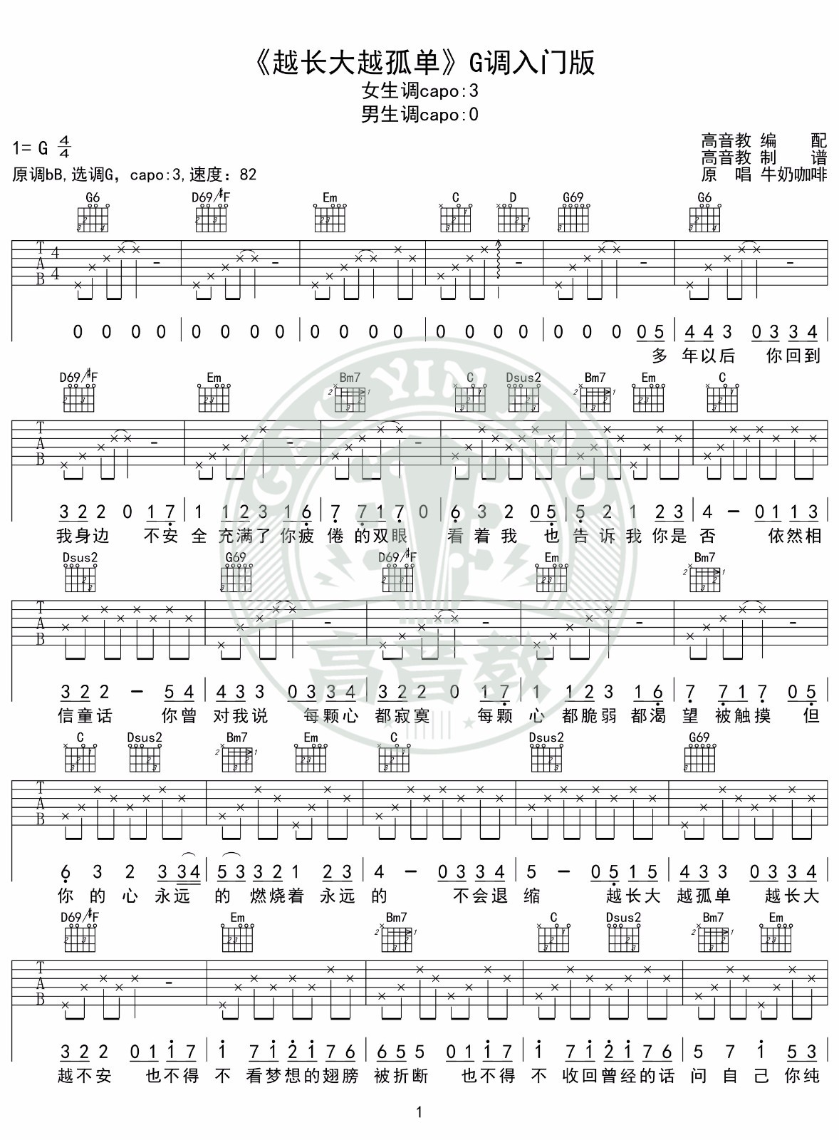 越长大越孤单吉他谱G调入门版第(1)页