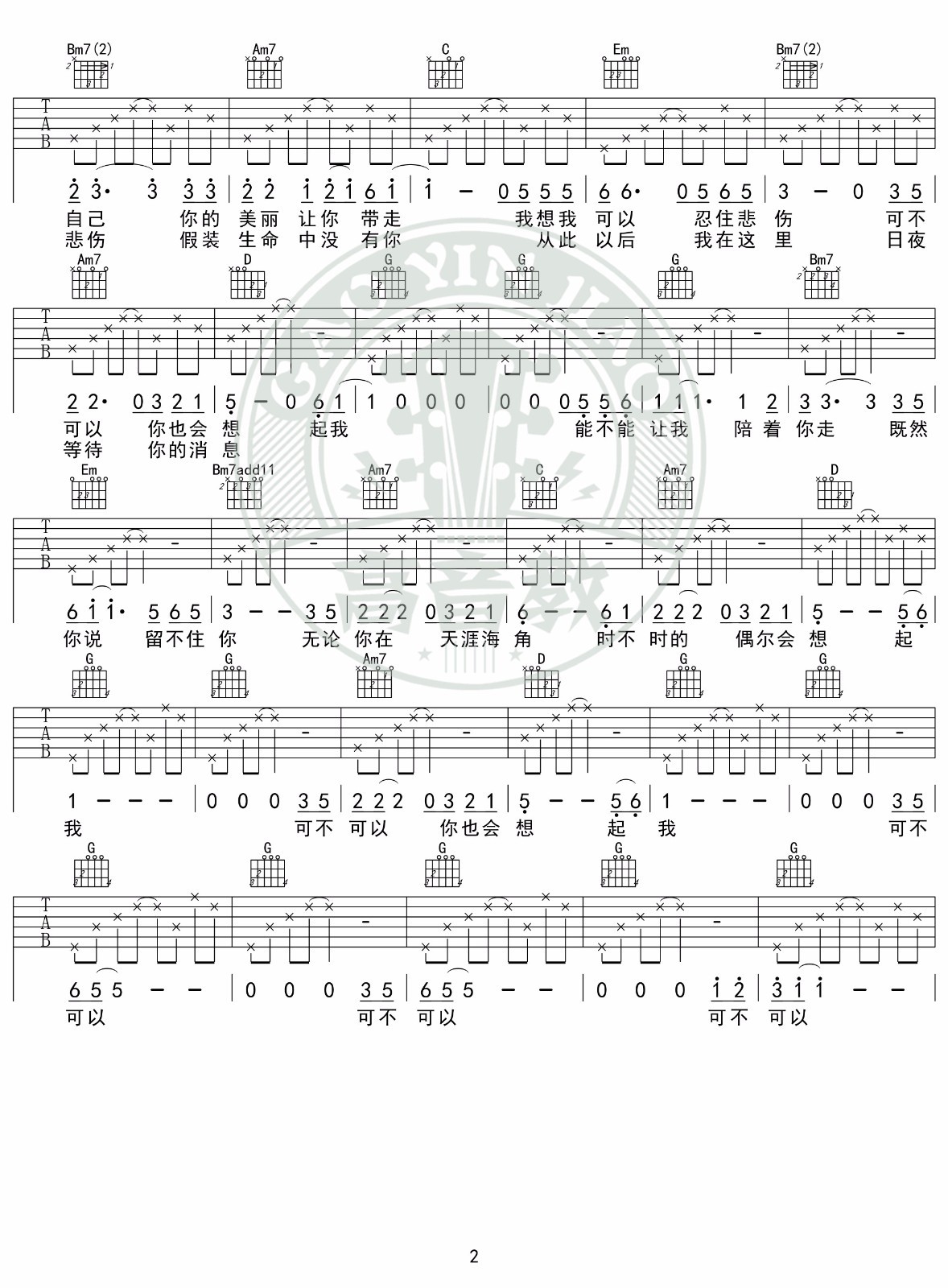把悲伤留给自己吉他谱G调入门版第(2)页