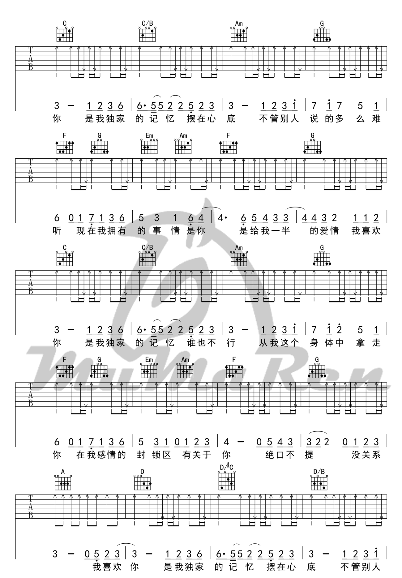 独家记忆吉他谱C调弹唱谱标准版第(4)页