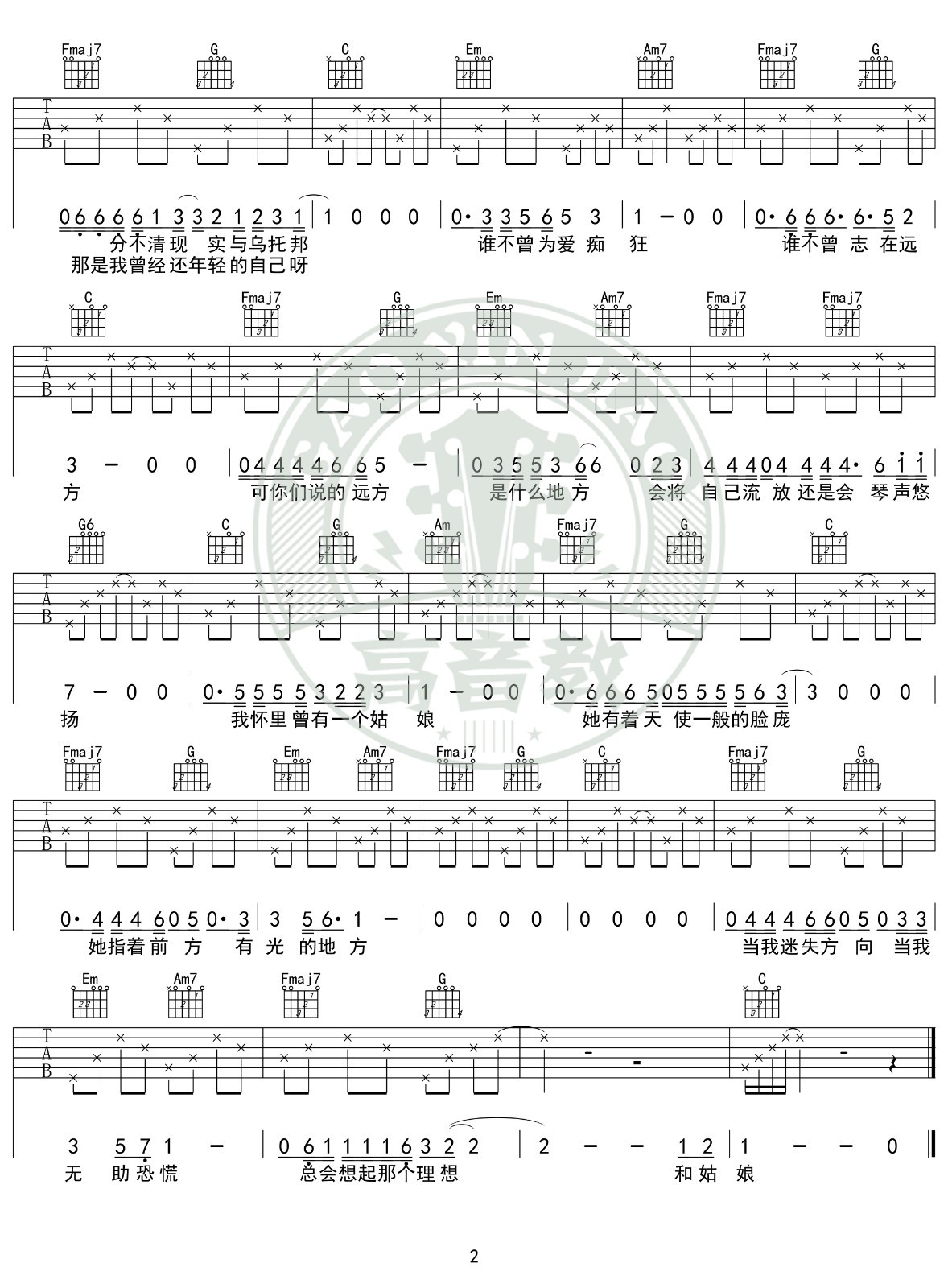有光的地方吉他谱C调入门版第(2)页