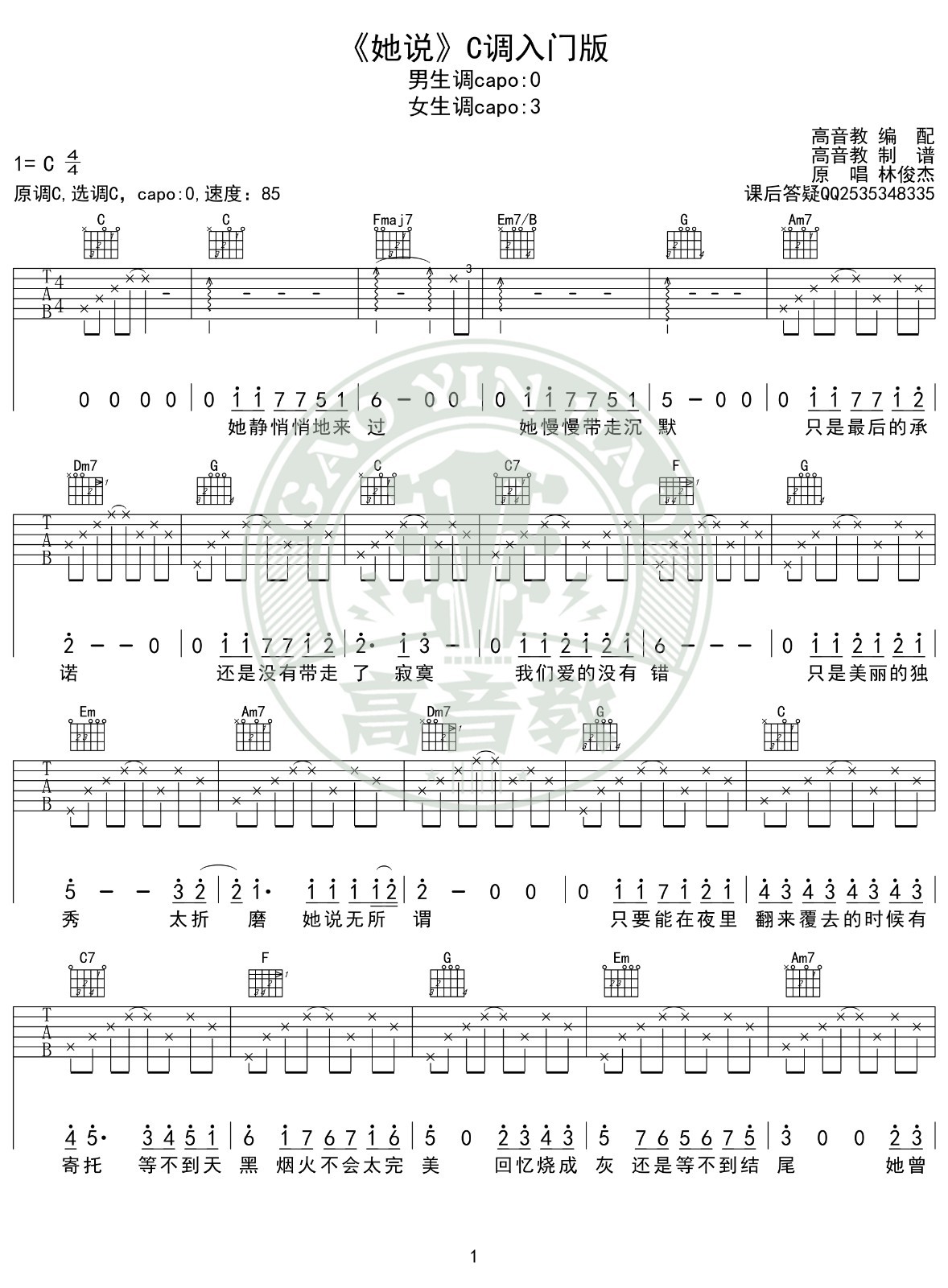 她说吉他谱C调入门版第(1)页