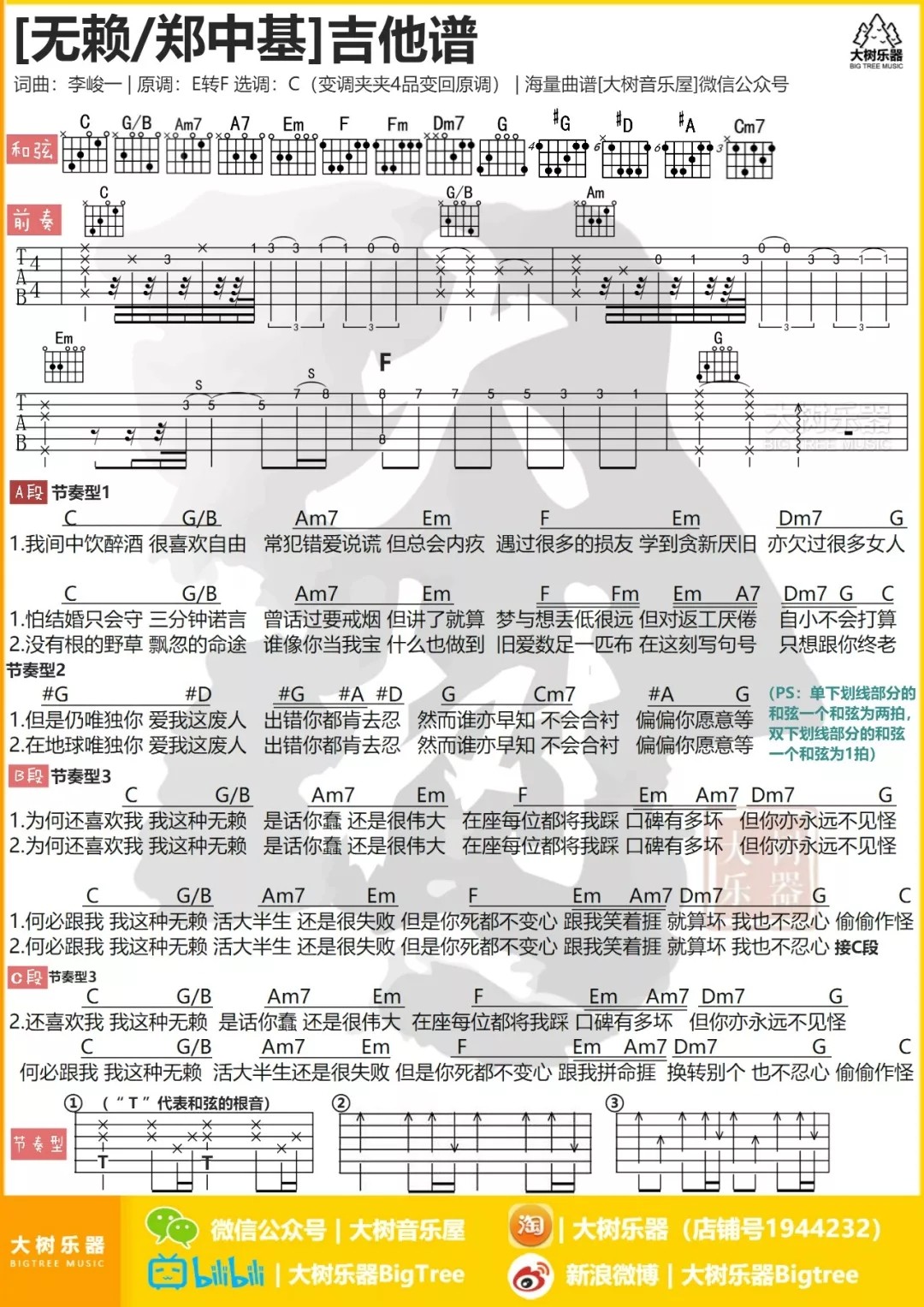 郑中基《无赖》吉他谱 - C调弹唱六线谱 - 分解 扫弦版 - 琴魂网