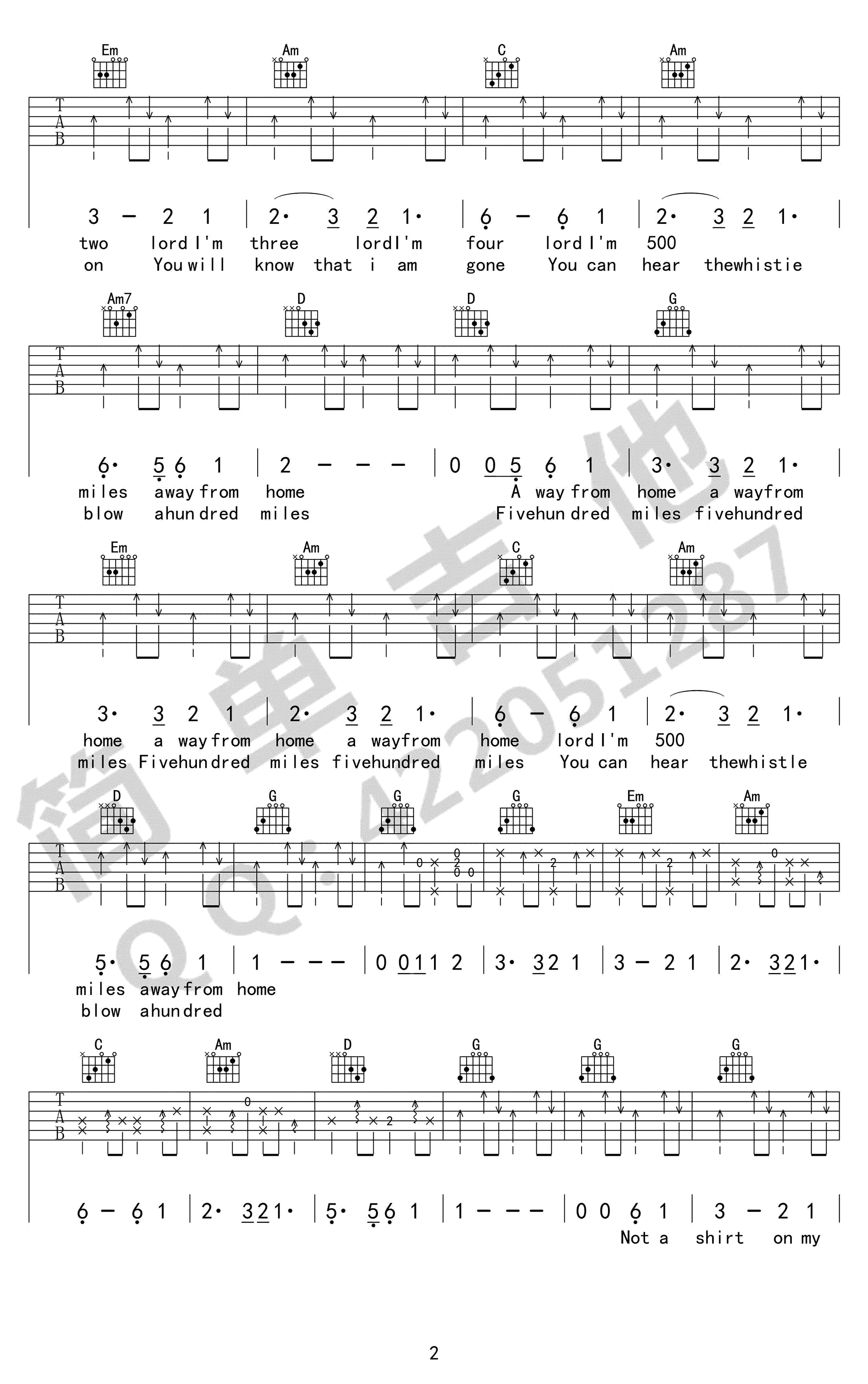 离家五百里吉他谱六线谱G调原版第(2)页