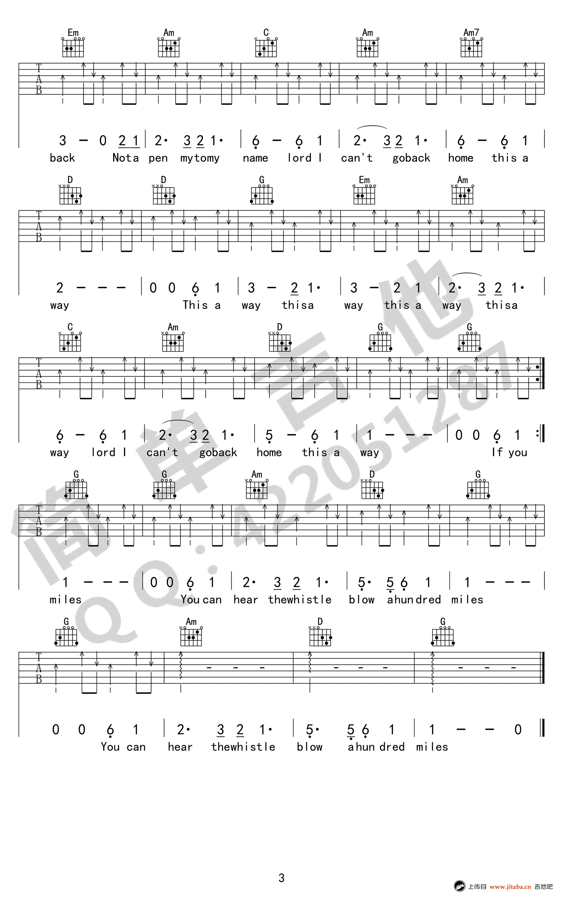 离家五百里吉他谱六线谱G调原版第(3)页