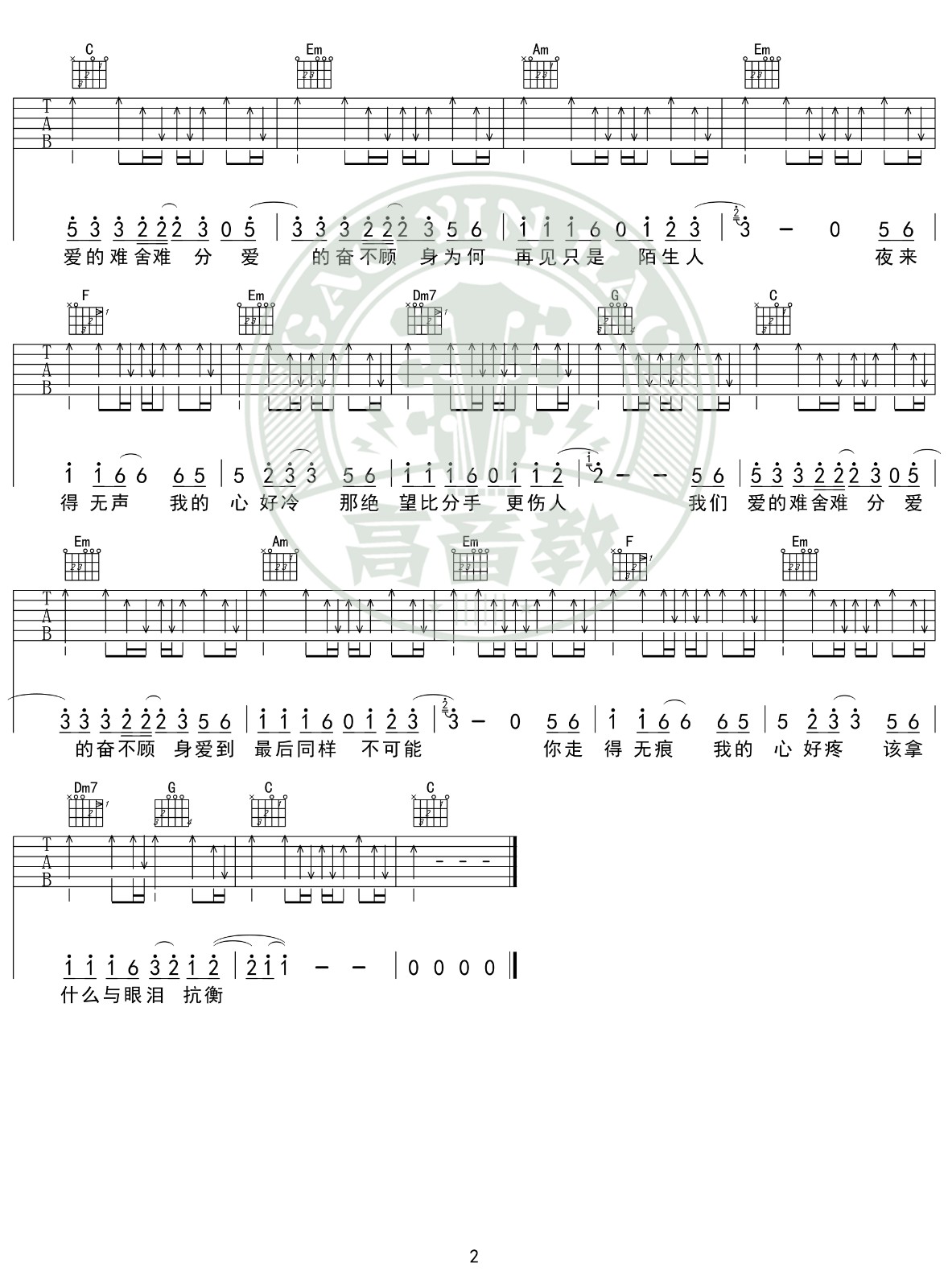 再见只是陌生人吉他谱C调入门版第(2)页