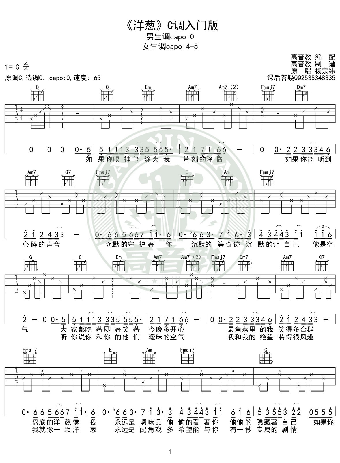 洋葱吉他谱C调入门版第(1)页