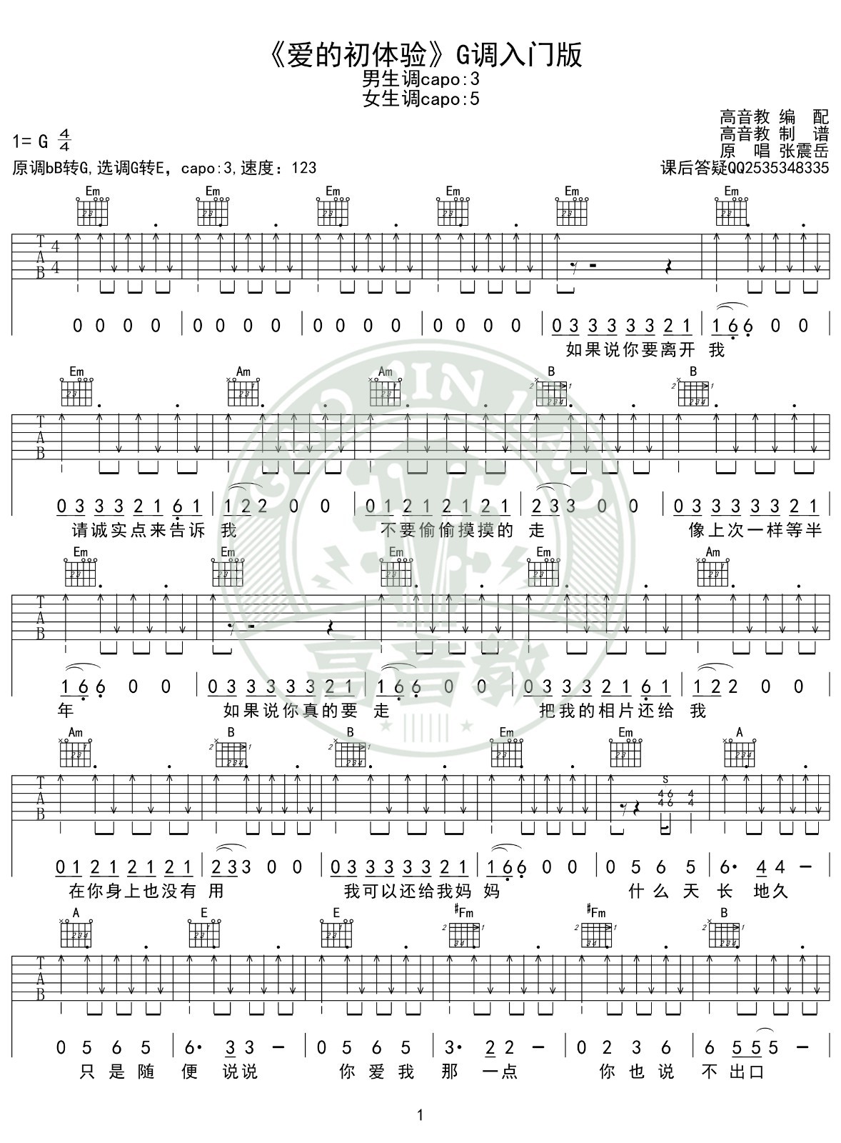 爱的初体验吉他谱G调入门版第(1)页