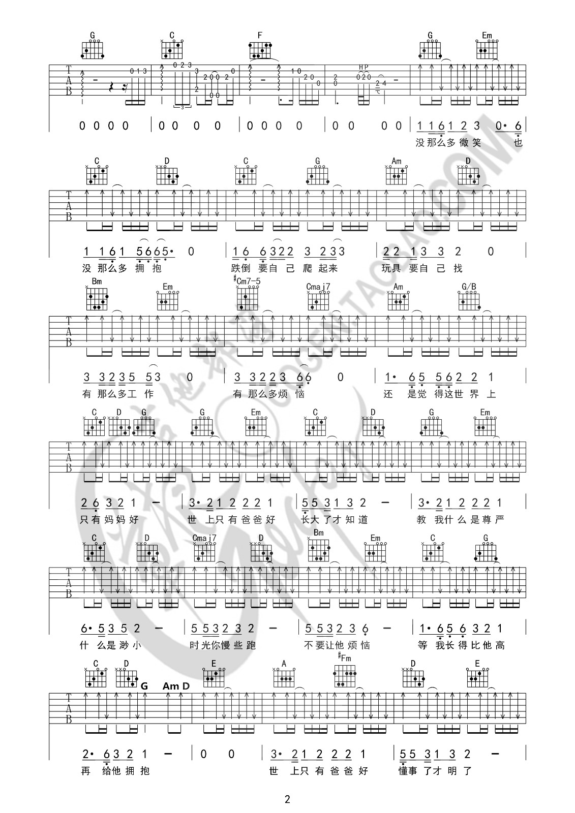 世上只有爸爸好吉他谱G调版第(2)页