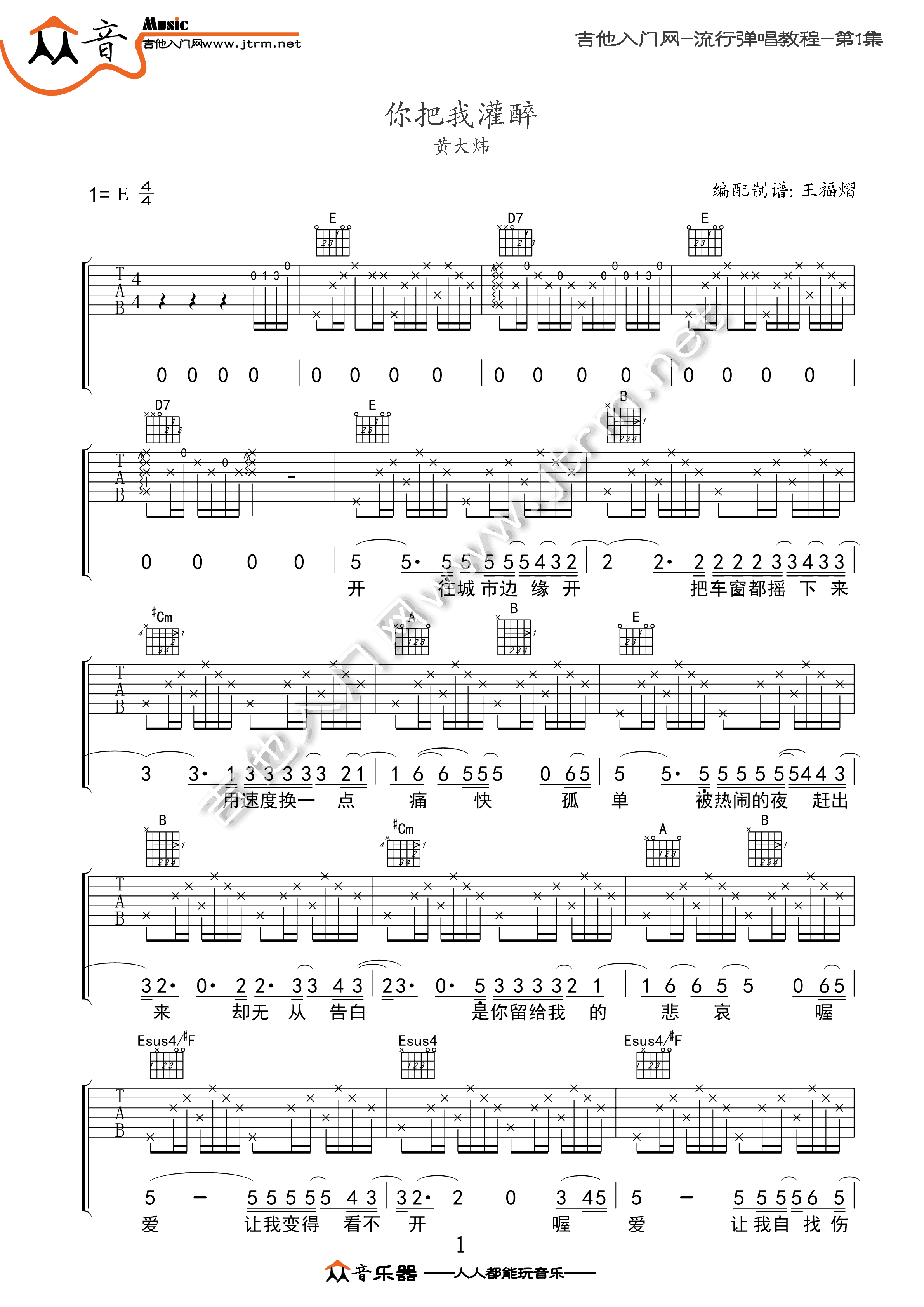 你把我灌醉吉他谱E调邓紫棋版本第(1)页
