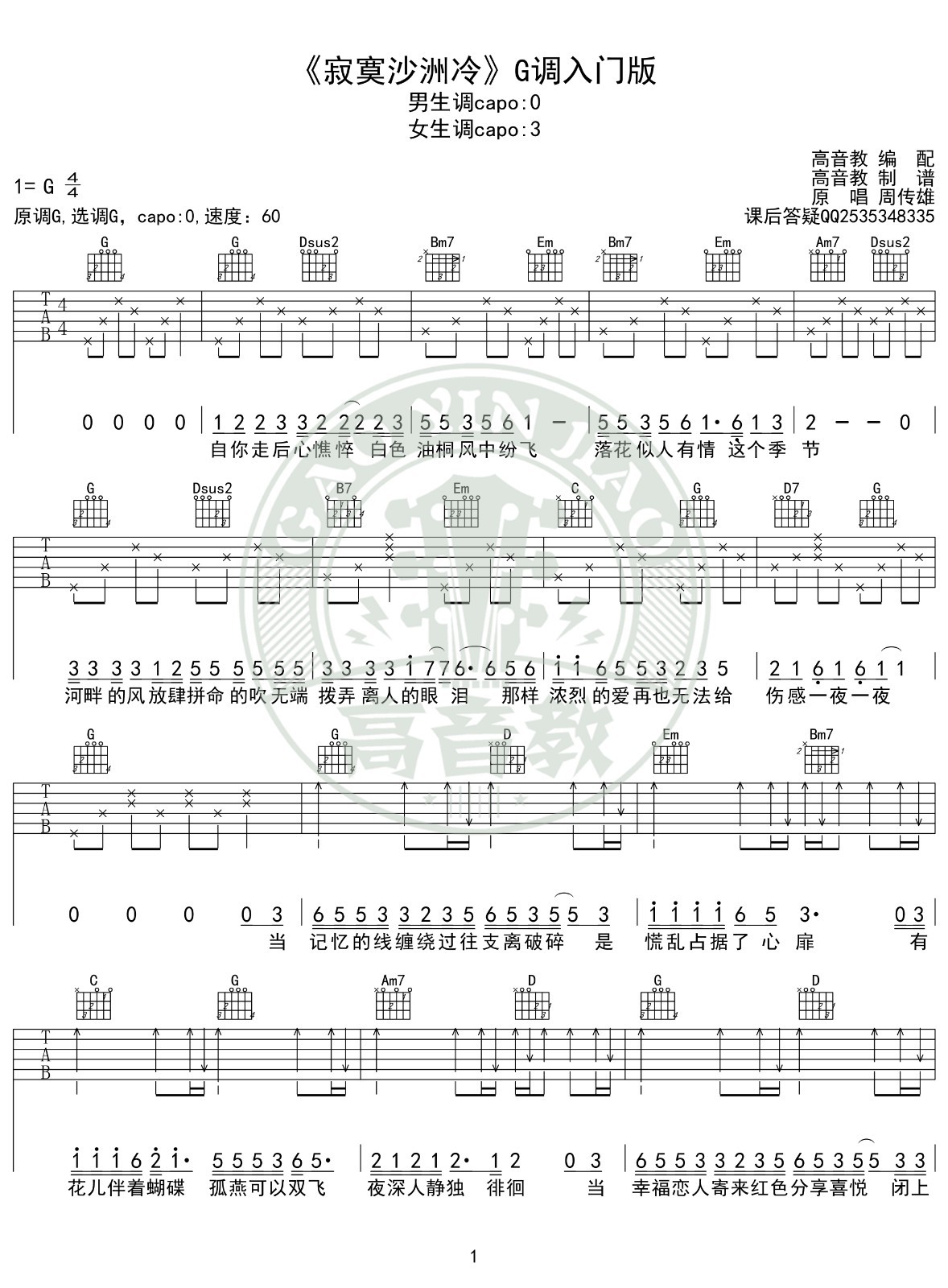 寂寞沙洲冷吉他谱G调入门版第(1)页