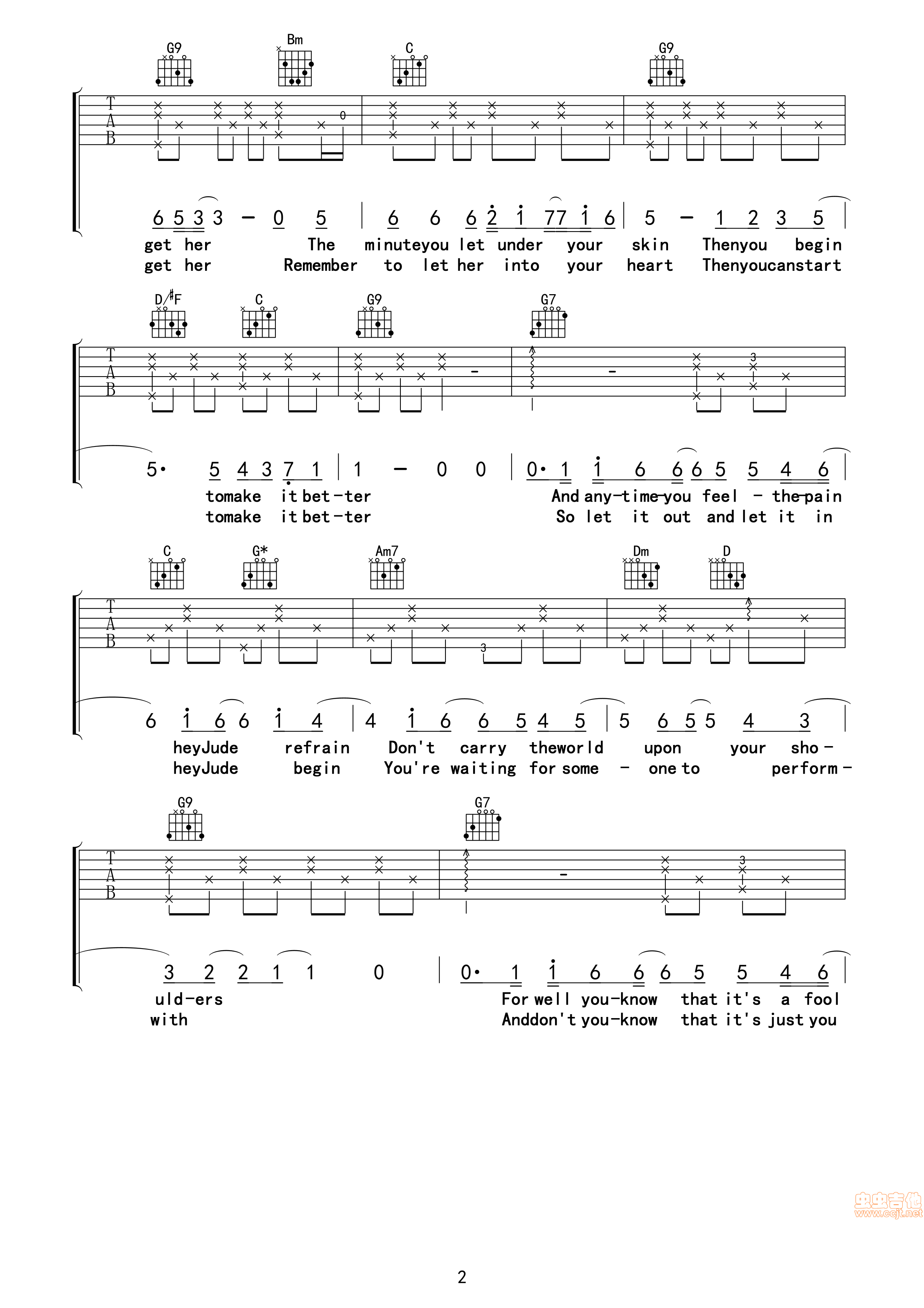 heyjude吉他谱A调版第(2)页