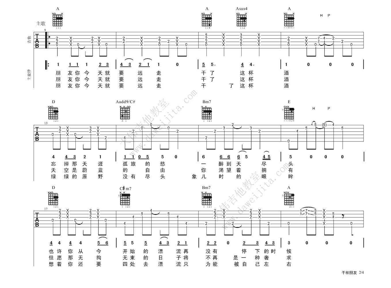 干杯朋友吉他谱A调男生版第(2)页