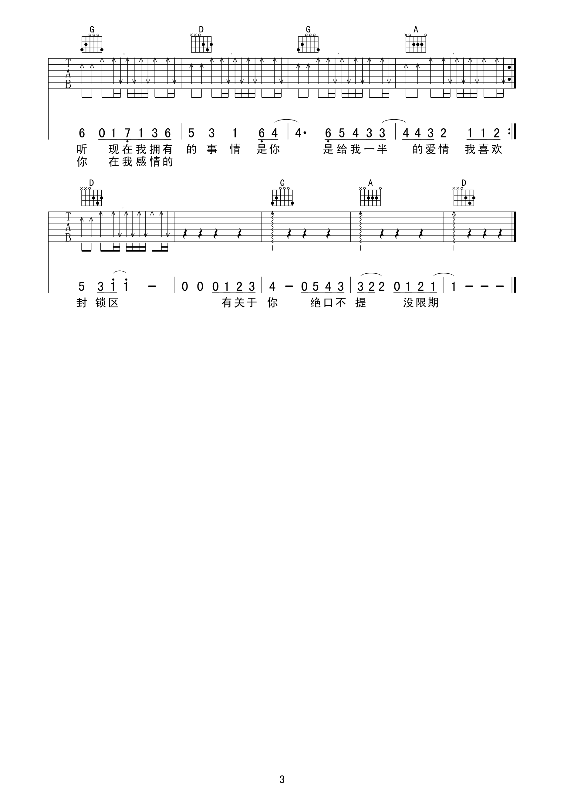 独家记忆吉他谱C调版第(3)页