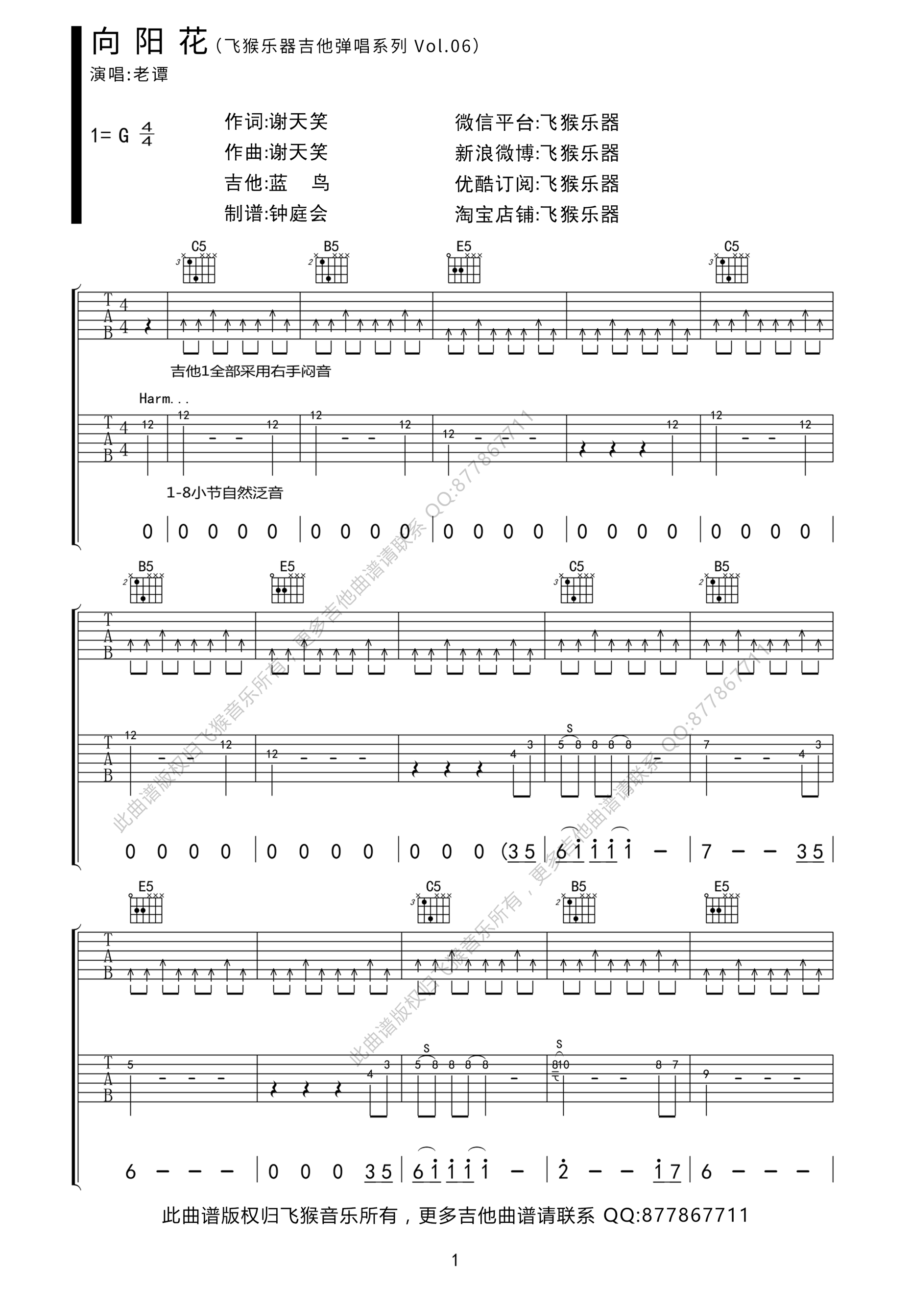 向阳花吉他谱G调双吉他版第(1)页