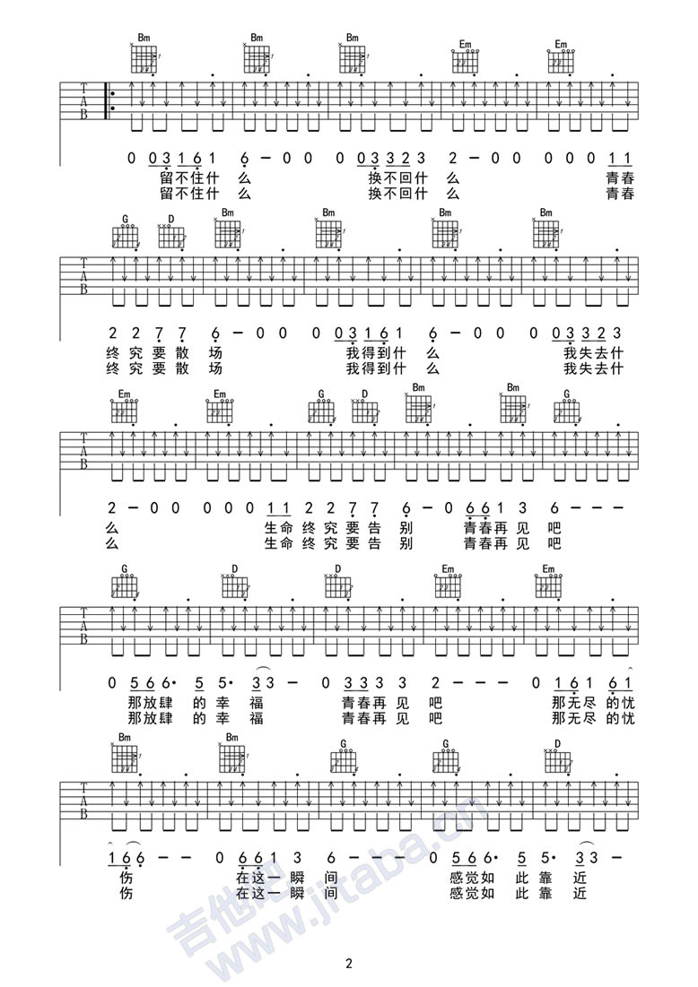 青春再见吉他谱双吉他版第(2)页