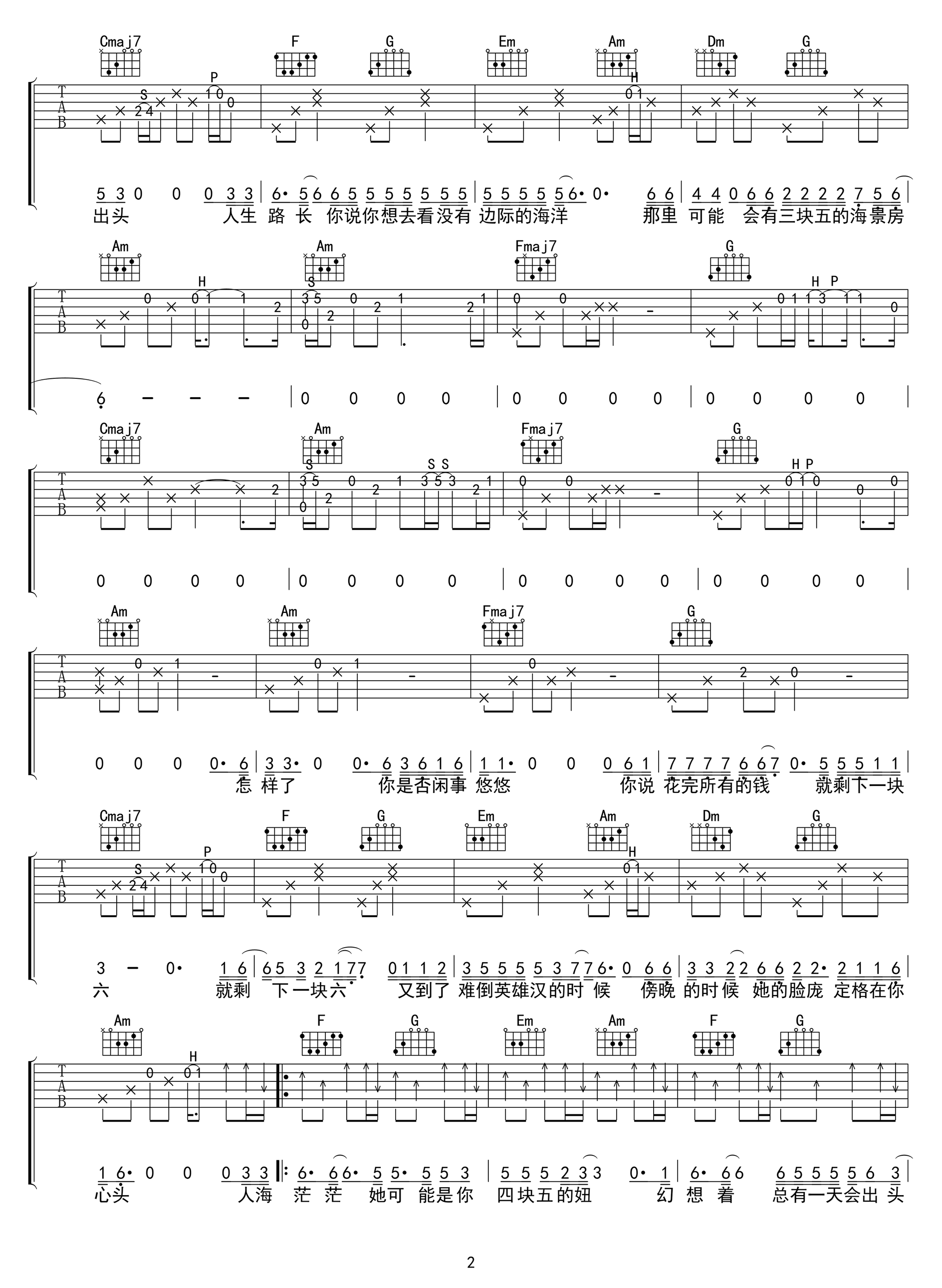 四块五吉他谱C调第(2)页