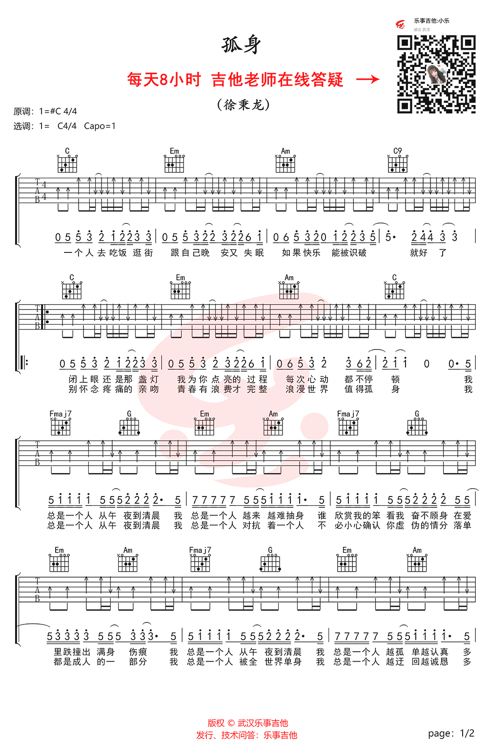 孤身吉他谱C调简单版第(1)页