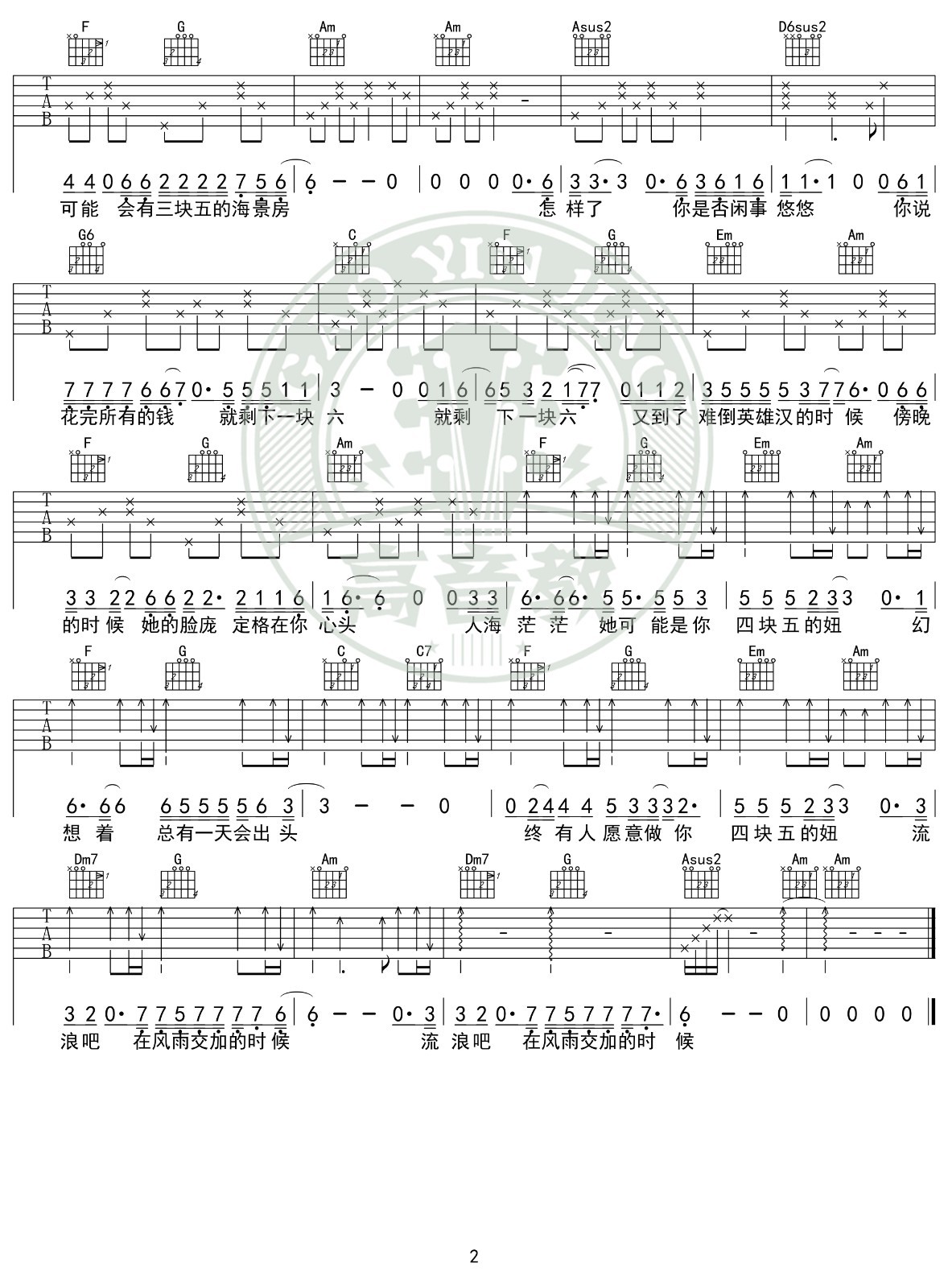 四块五吉他谱C调入门版第(2)页