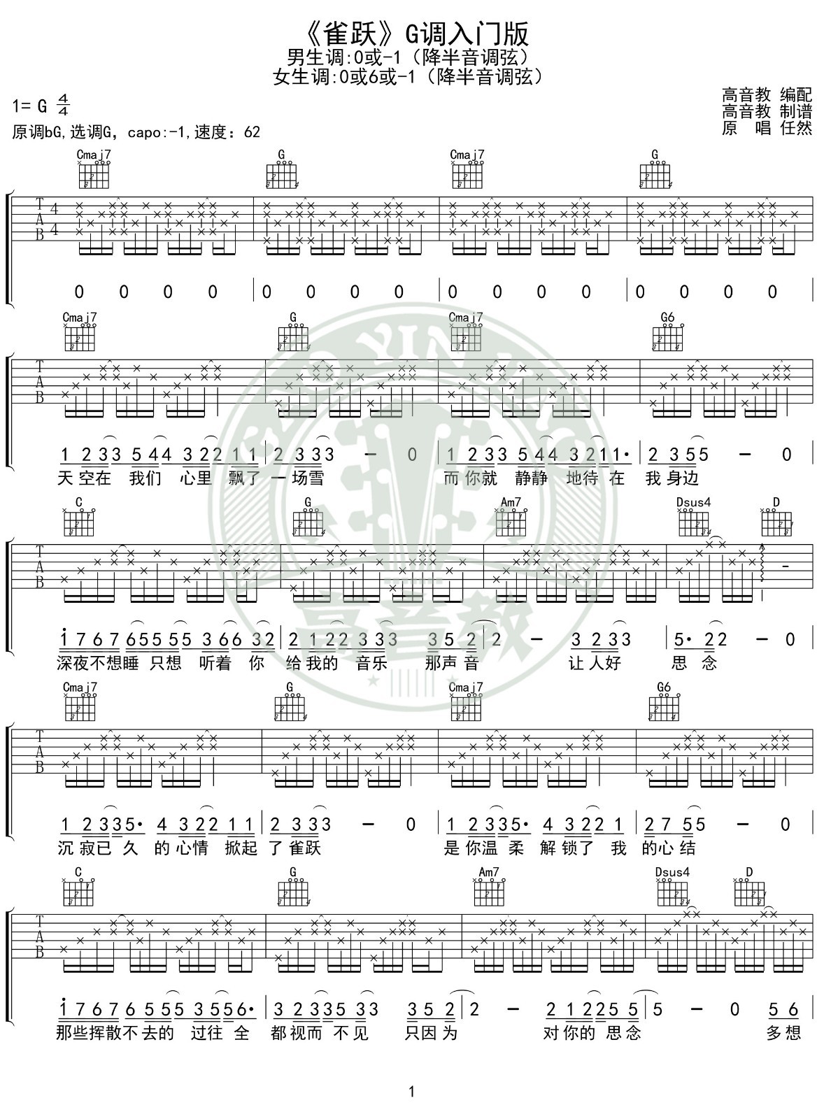 雀跃吉他谱G调入门版第(1)页