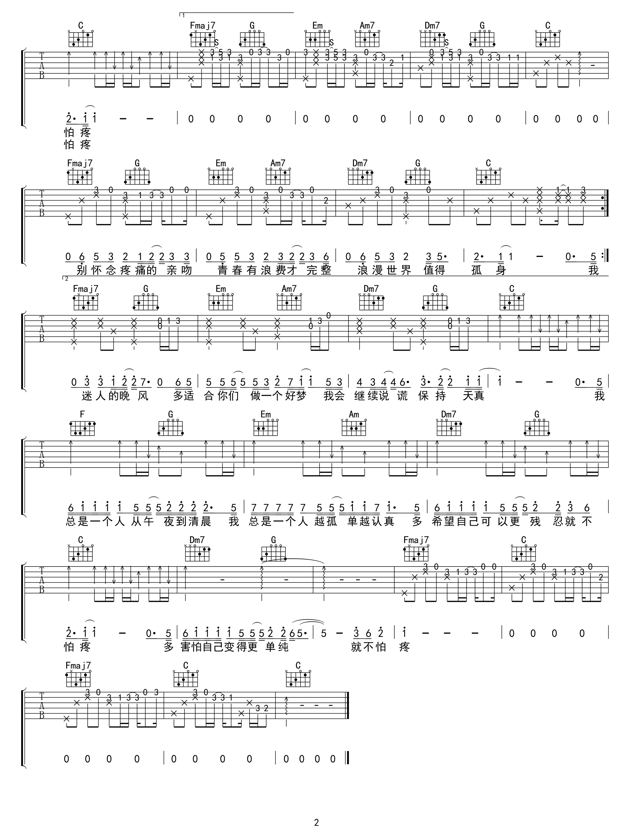 孤身吉他谱C调指法第(2)页