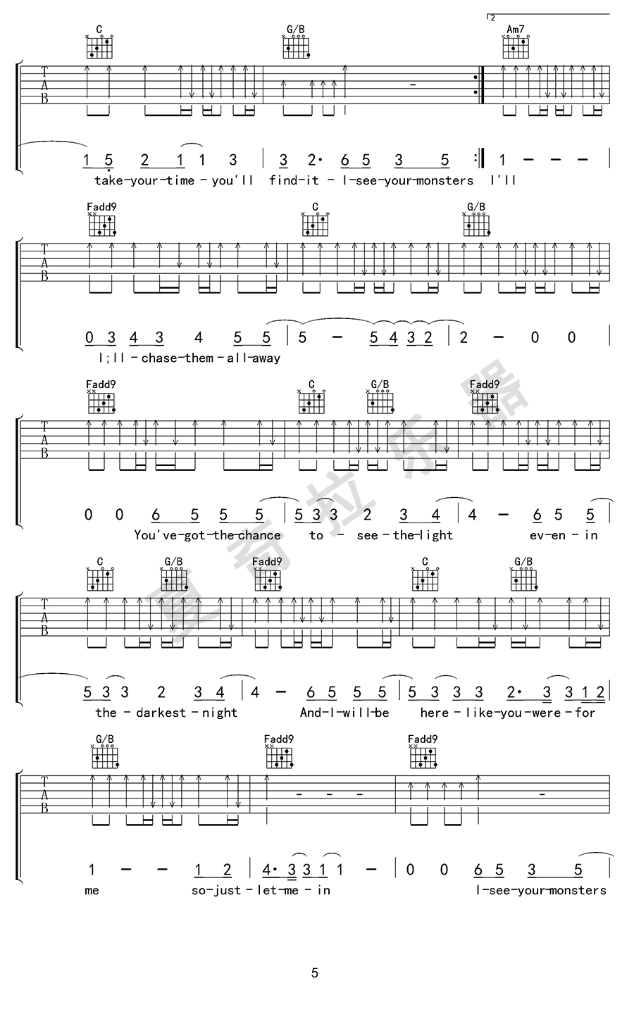Monsters吉他谱C调弹唱谱第(5)页