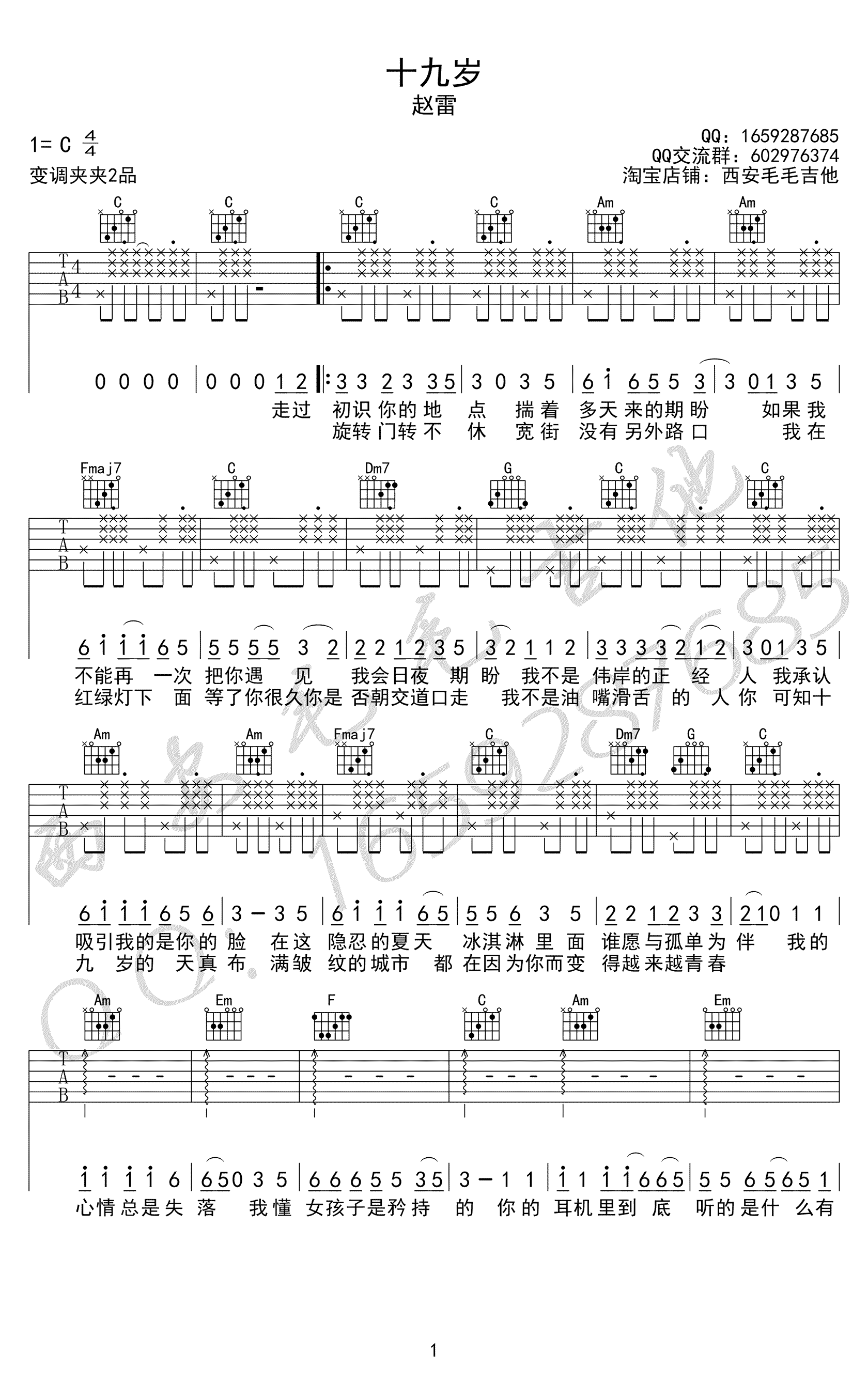 十九岁吉他谱C调第(1)页