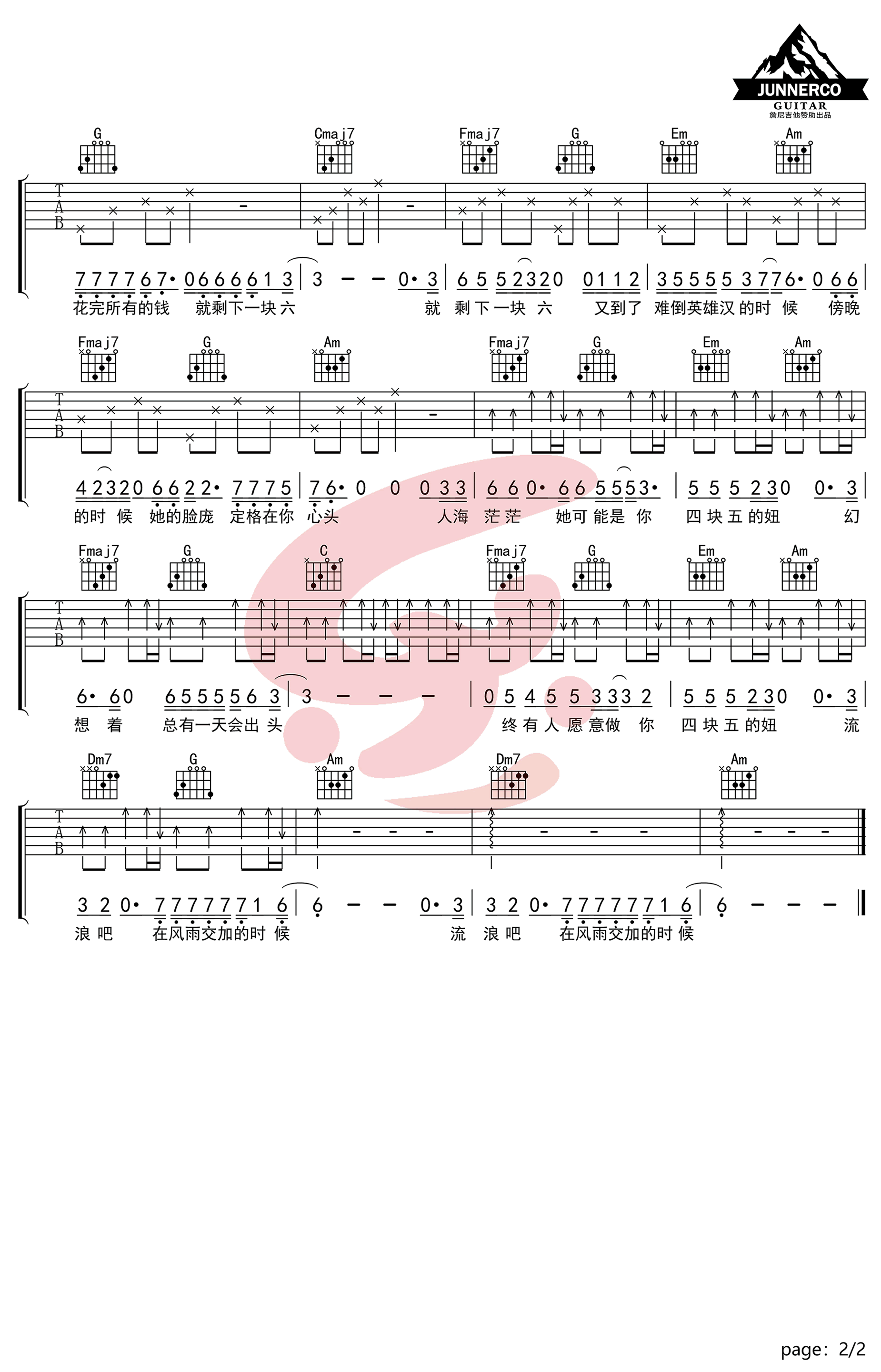 四块五吉他谱C调简单版吉他教学视频第(2)页