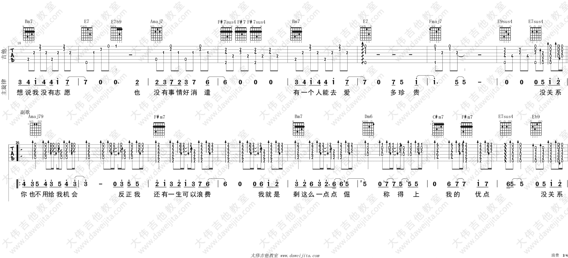 浪费吉他谱大伟版A调第(2)页