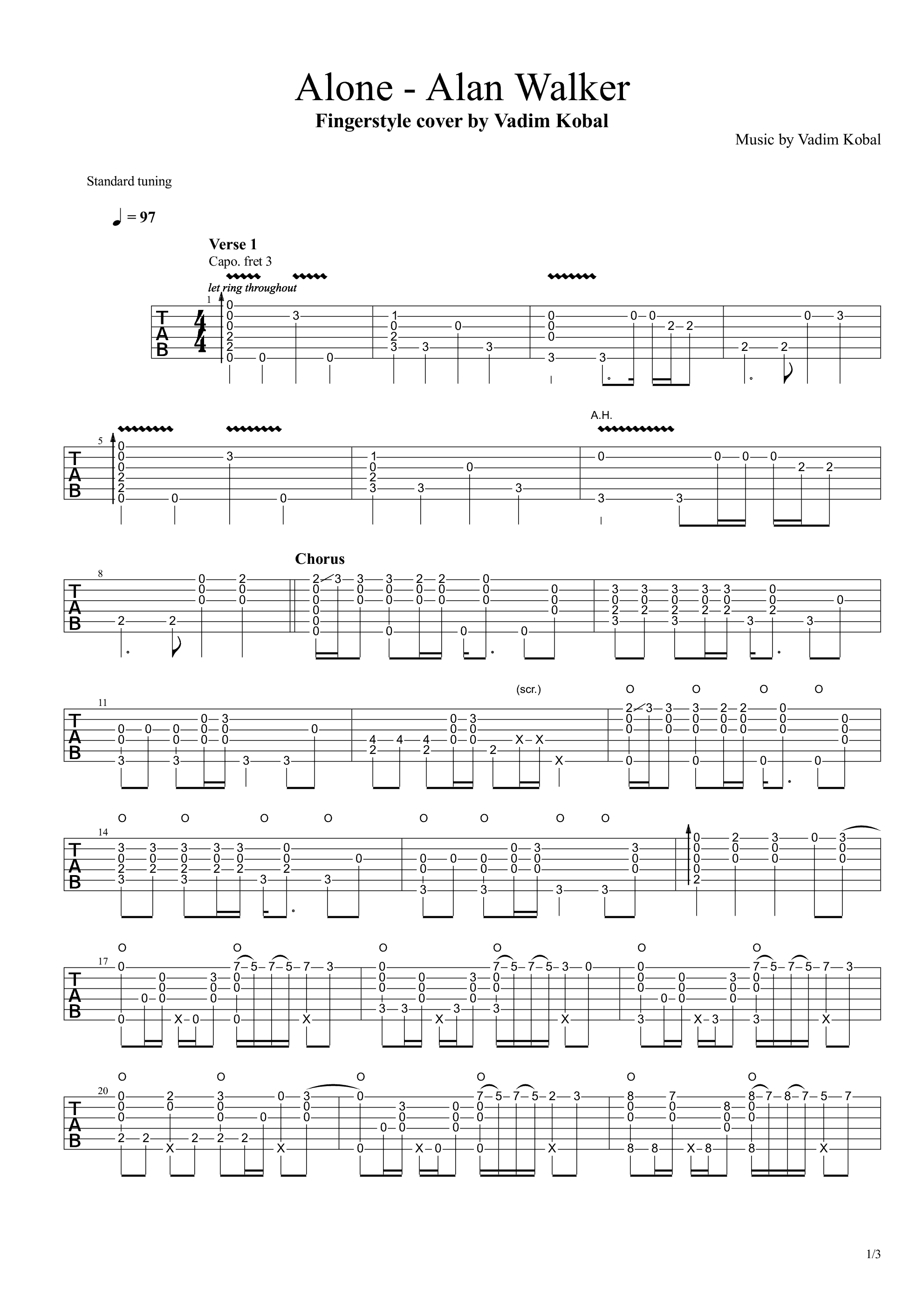 alone吉他指弹谱第(1)页