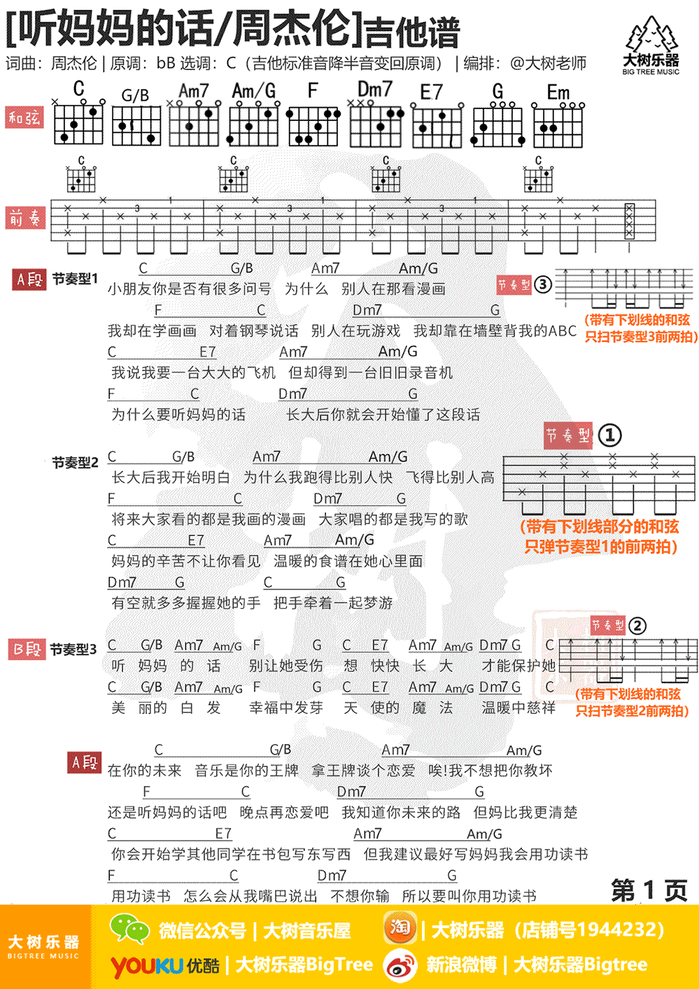 听妈妈的话吉他谱C调简单版第(1)页