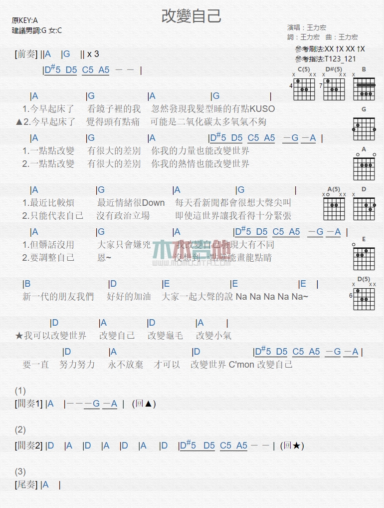 改变自己吉他谱简单版