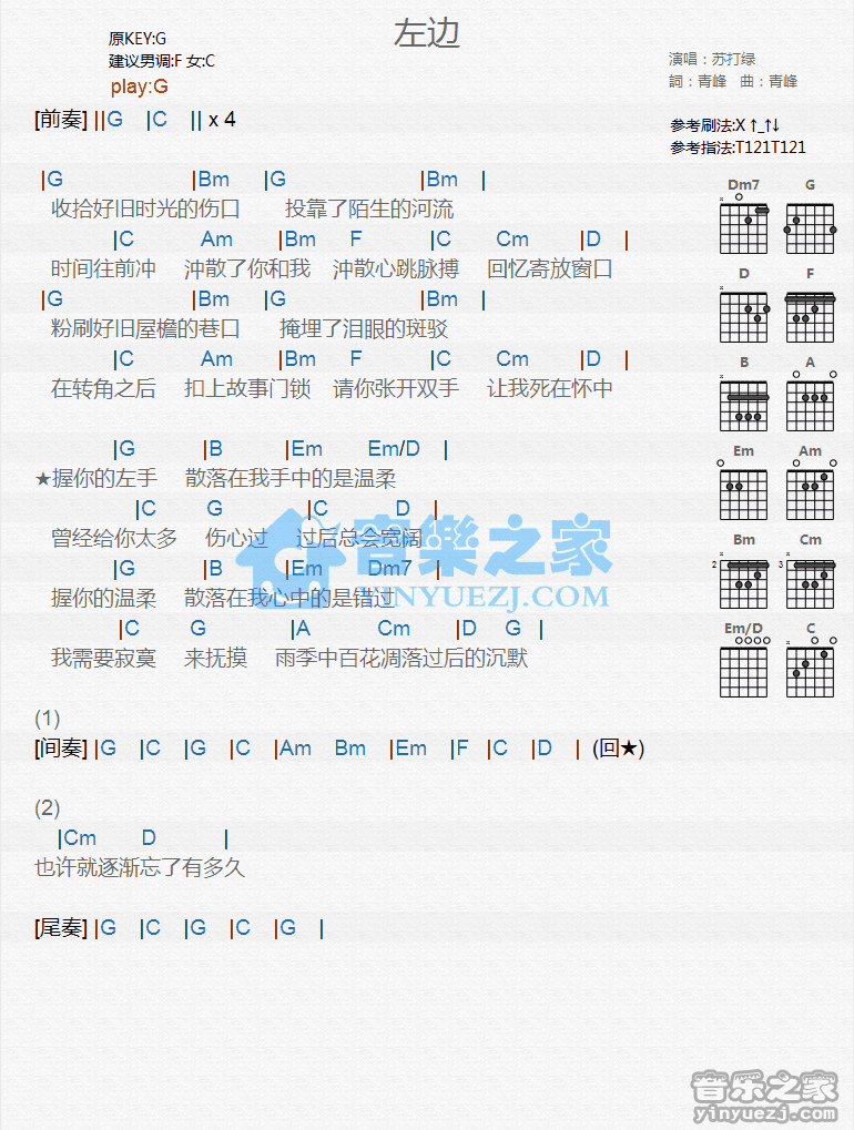 左边吉他谱G调