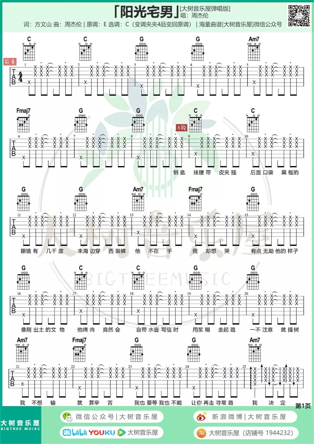 阳光宅男吉他谱大树音乐屋第(1)页