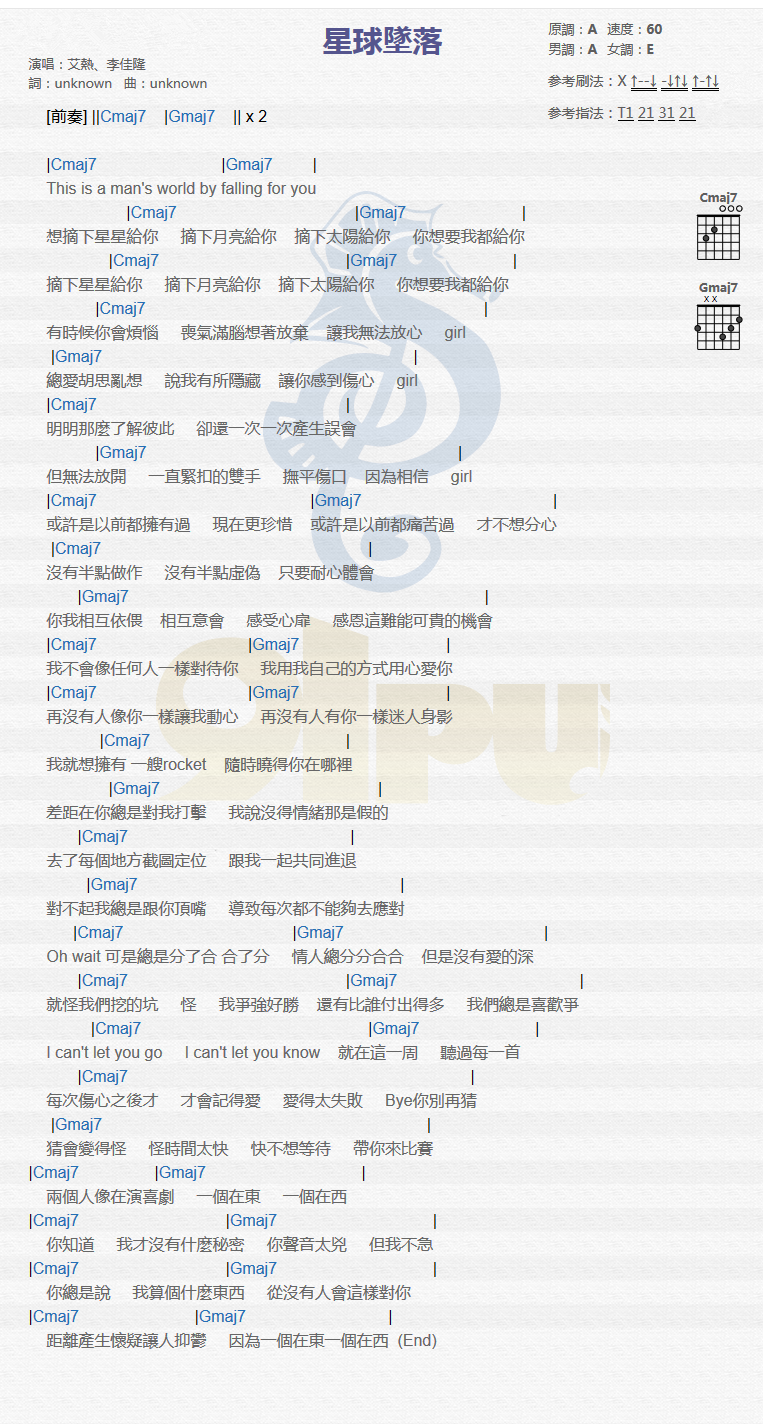 星球坠落吉他谱