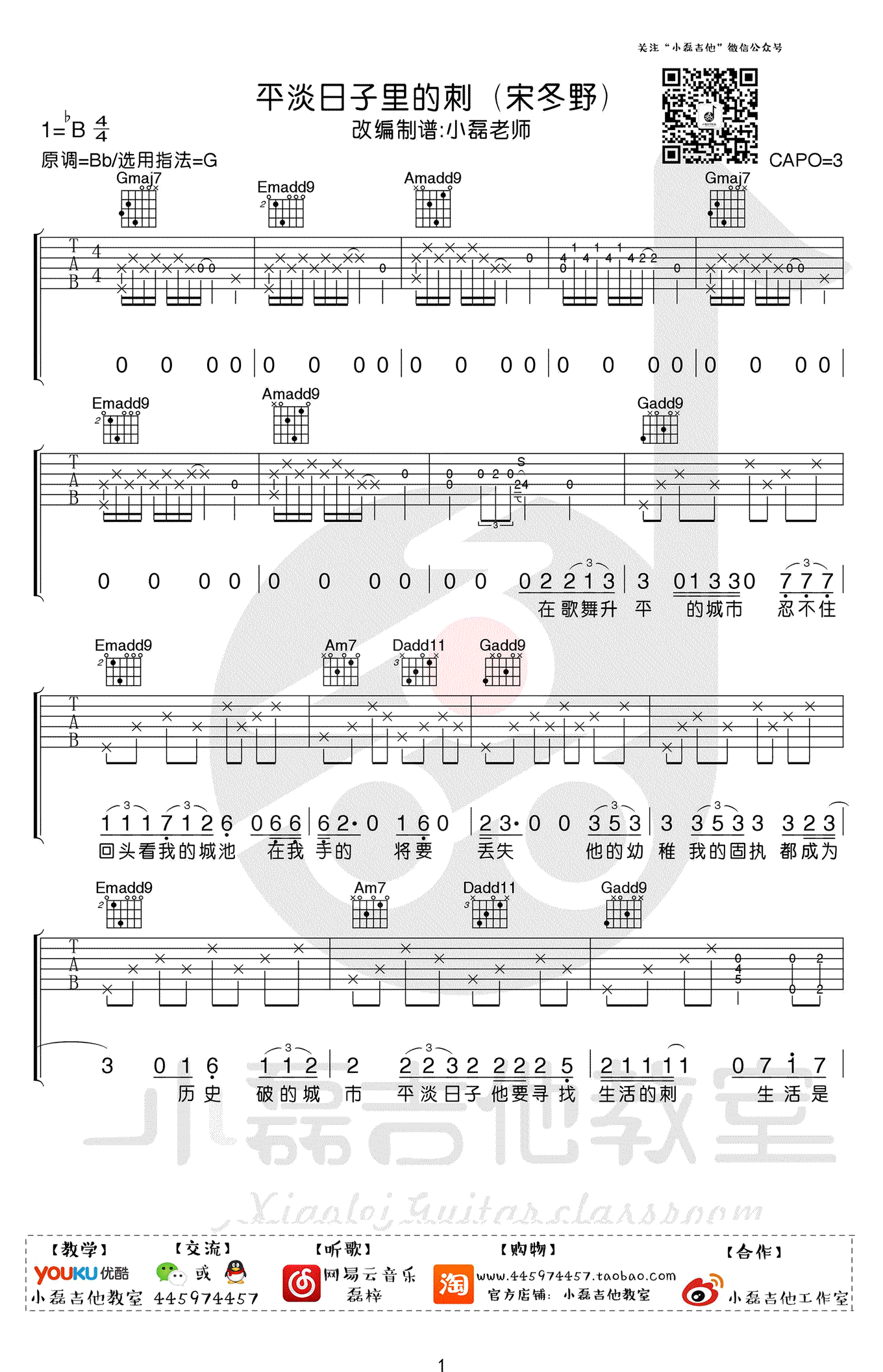 平淡日子里的刺吉他谱G调第(1)页