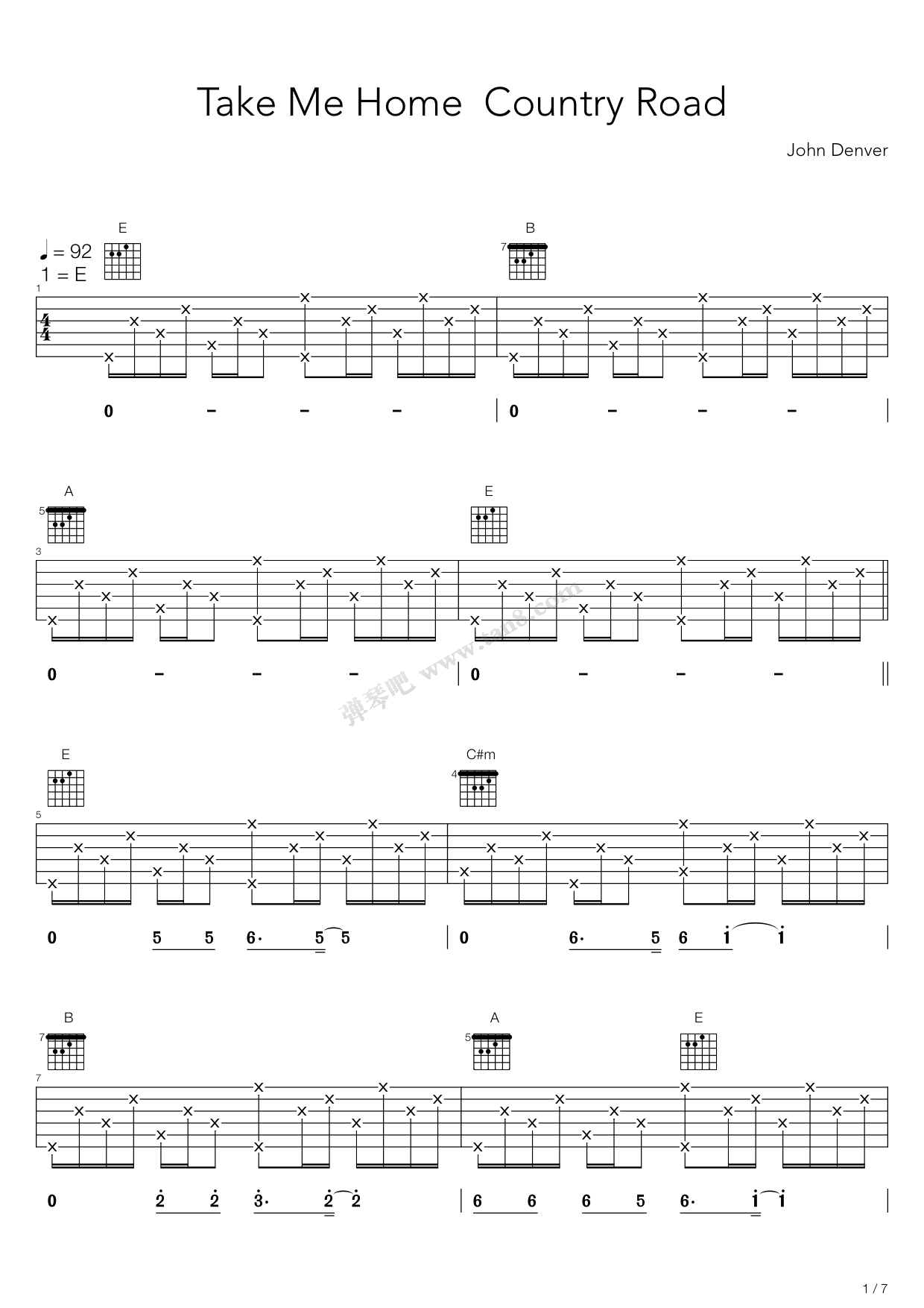乡村路带我回家吉他谱E调第(1)页