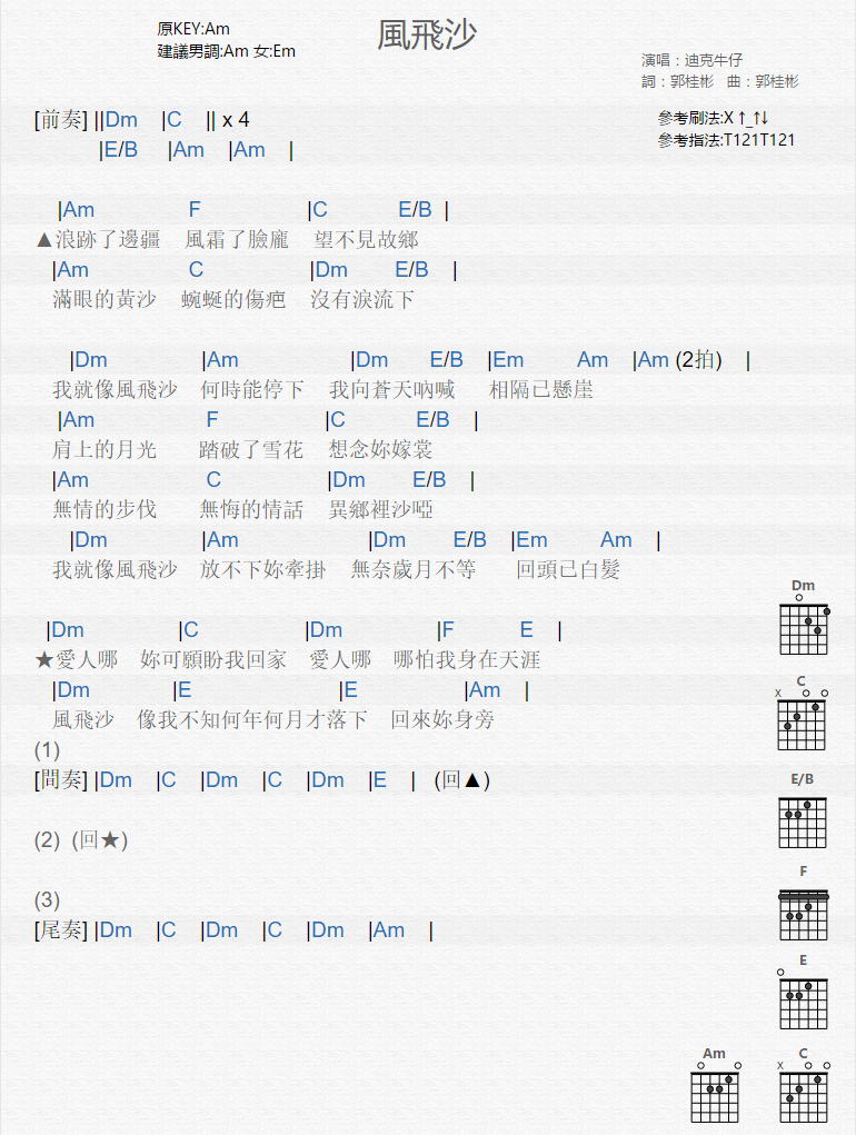 风飞沙吉他谱简单版