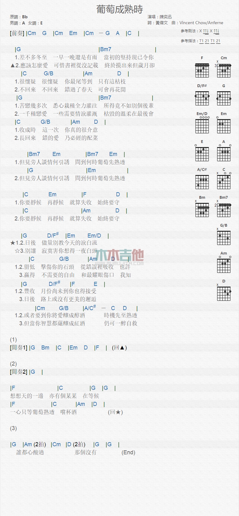 葡萄成熟时吉他谱