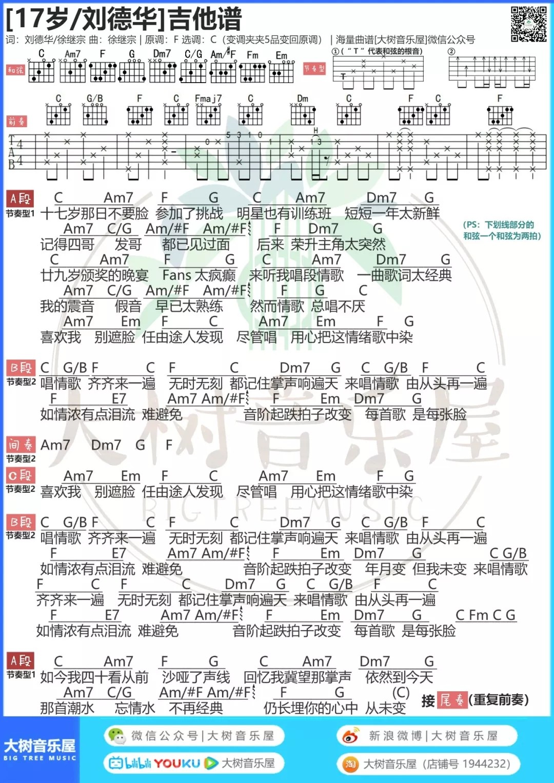 17岁吉他谱大树音乐屋