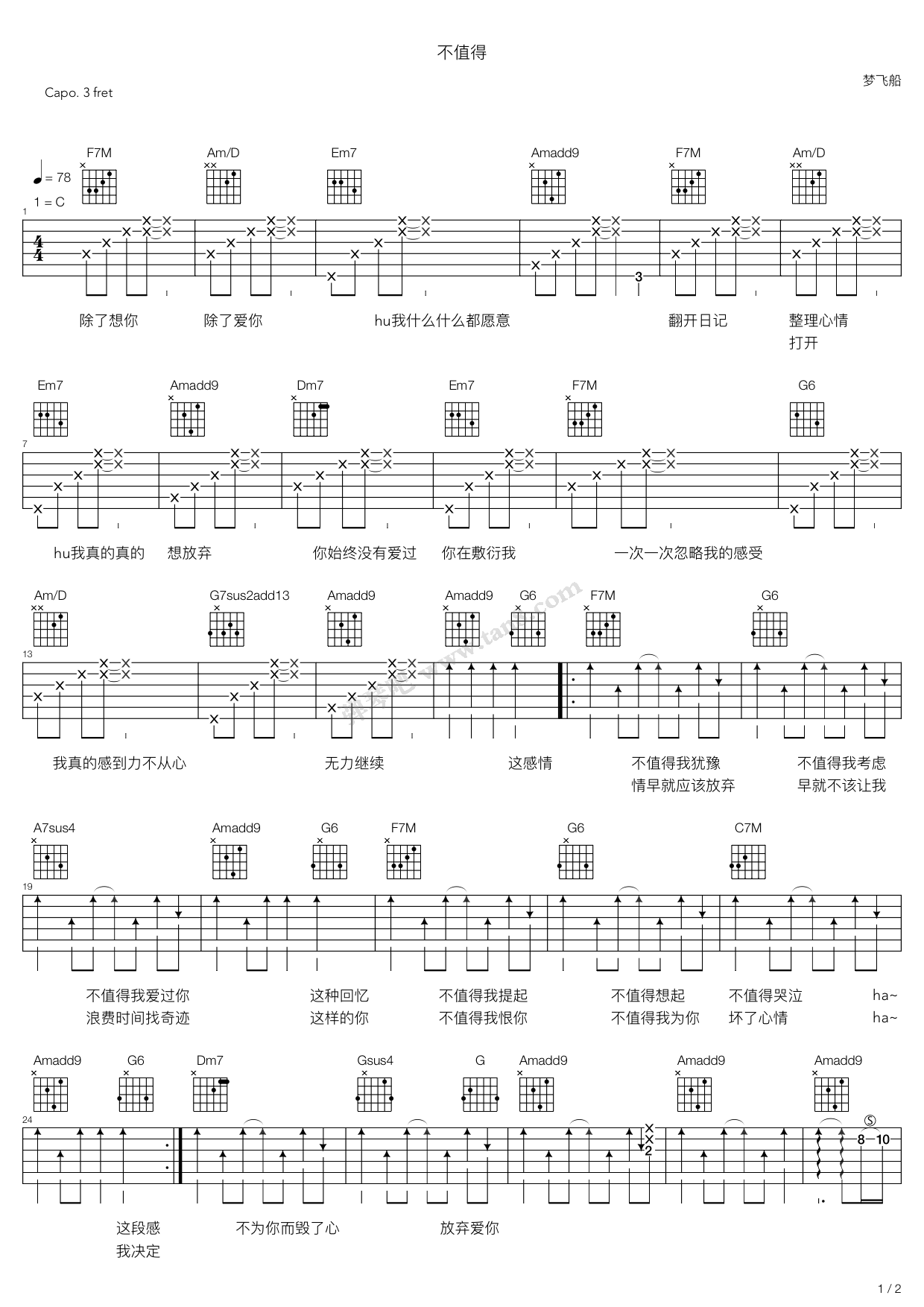 不值得吉他谱第(1)页