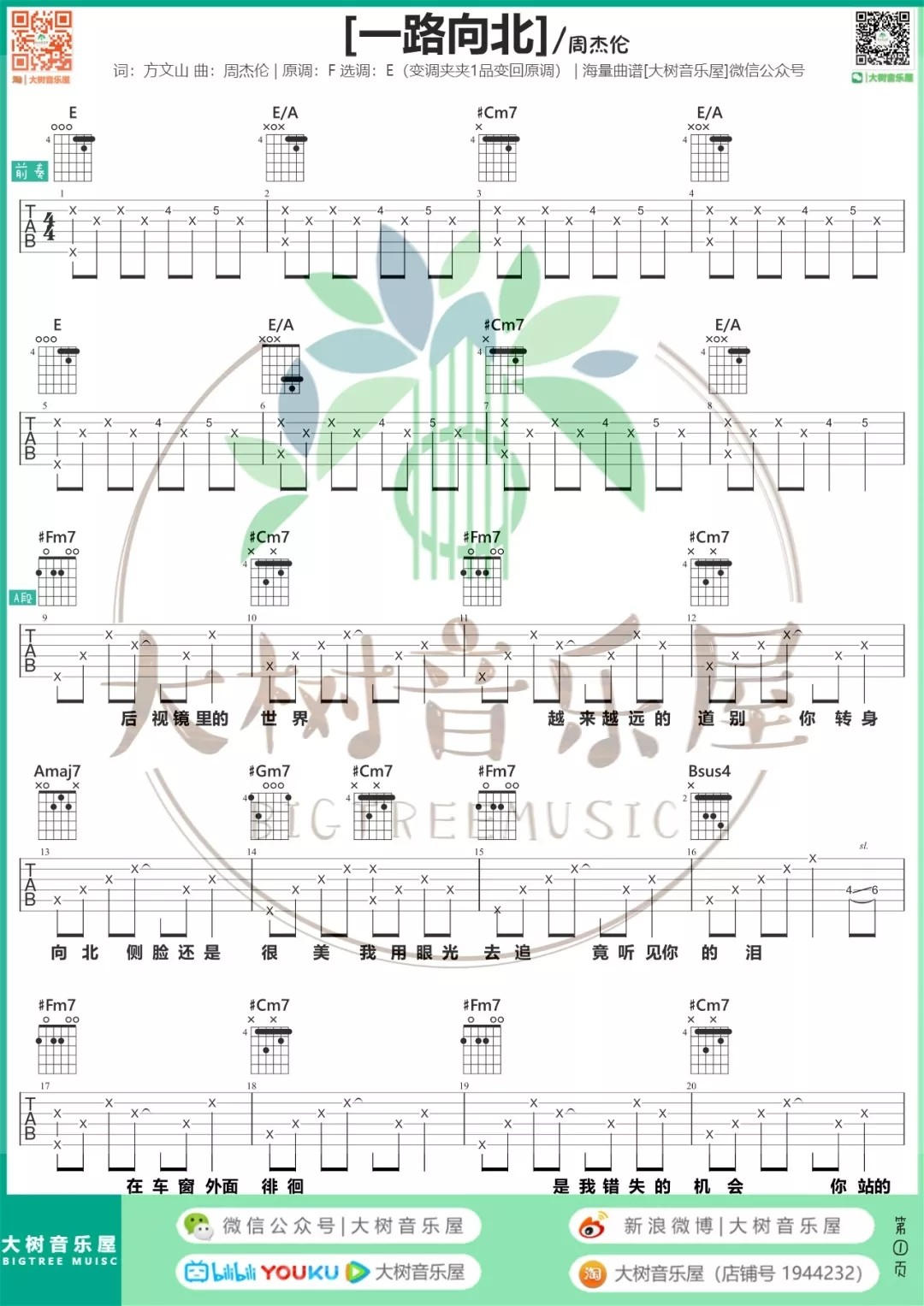 一路向北吉他谱大树音乐屋第(1)页