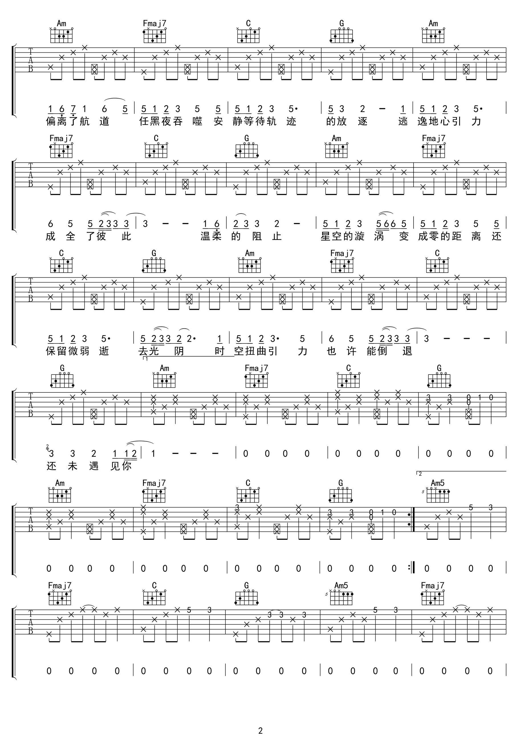 坠落星空吉他谱C调第(2)页