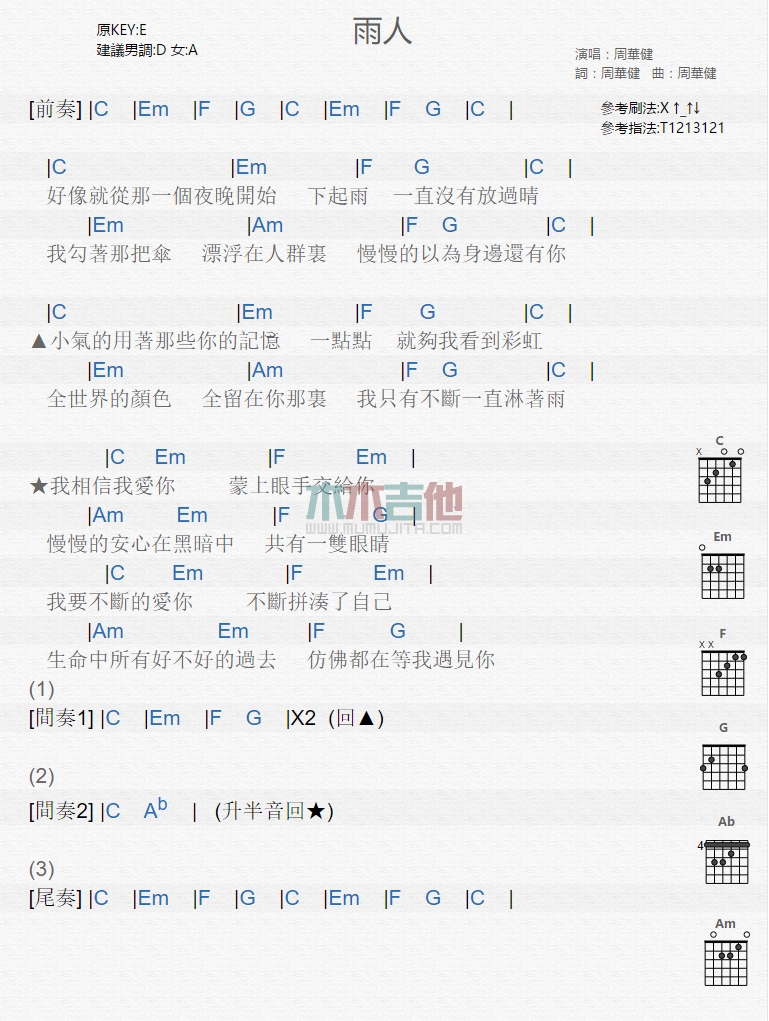 雨人吉他谱
