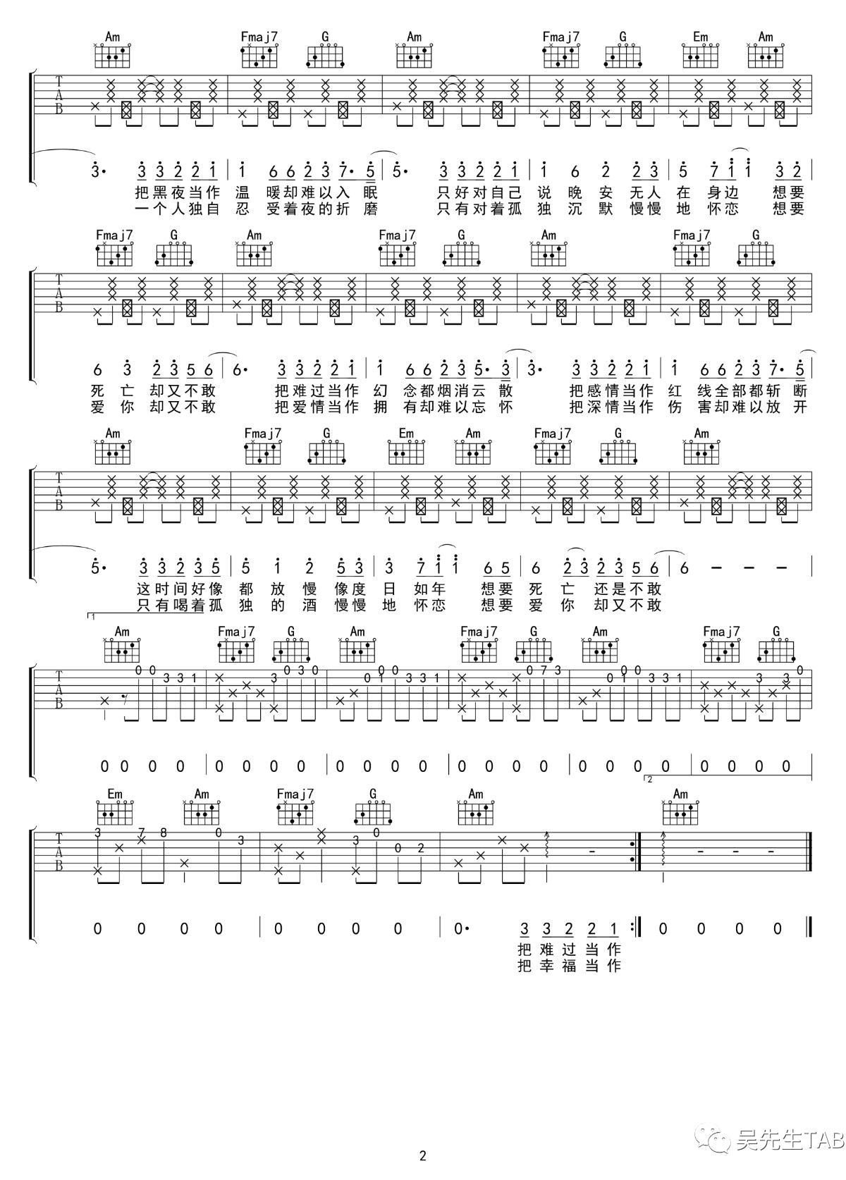 把孤独当做晚餐吉他谱想死却又不敢吉他谱第(2)页