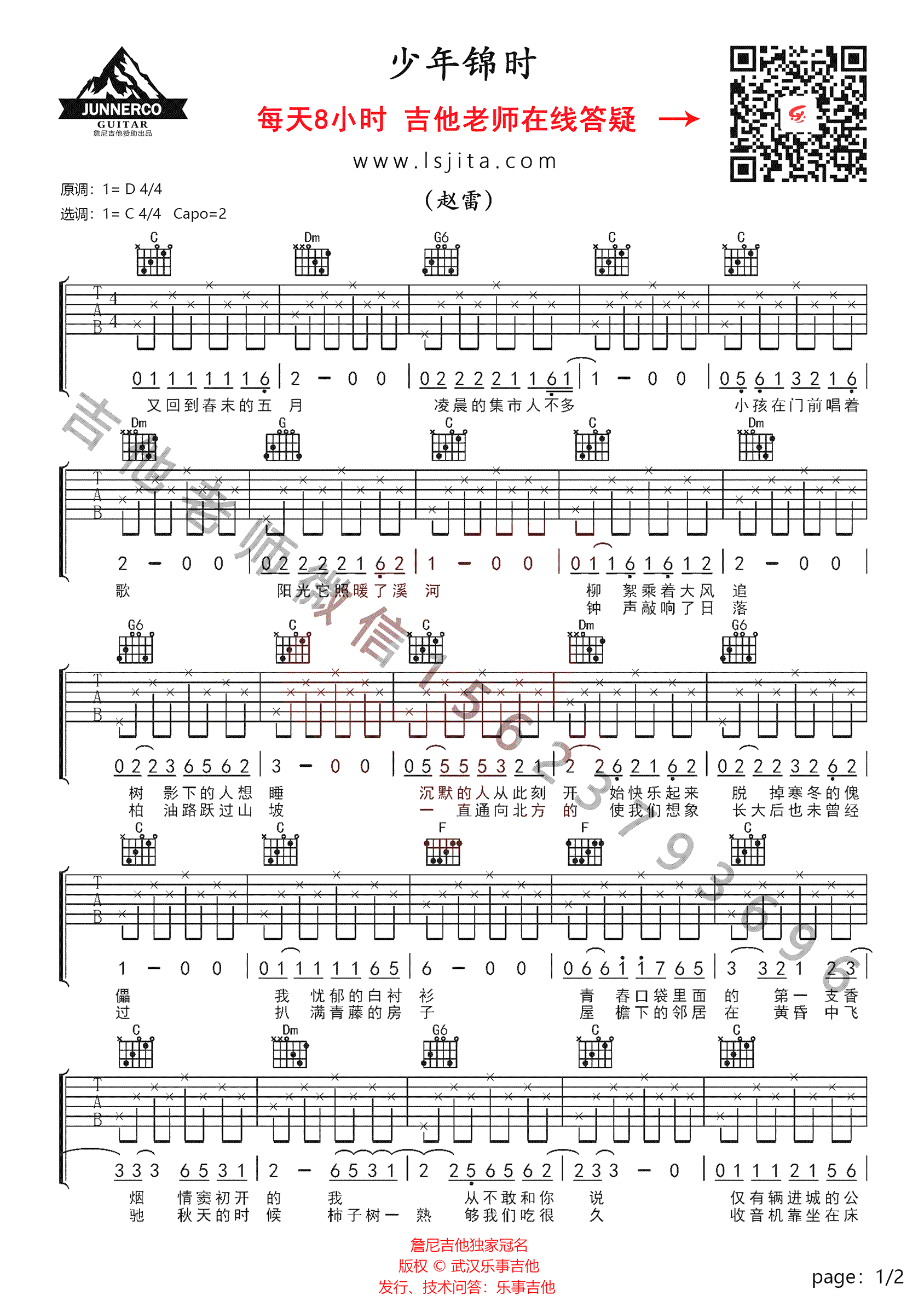 少年锦时吉他谱C调教学视频第(1)页