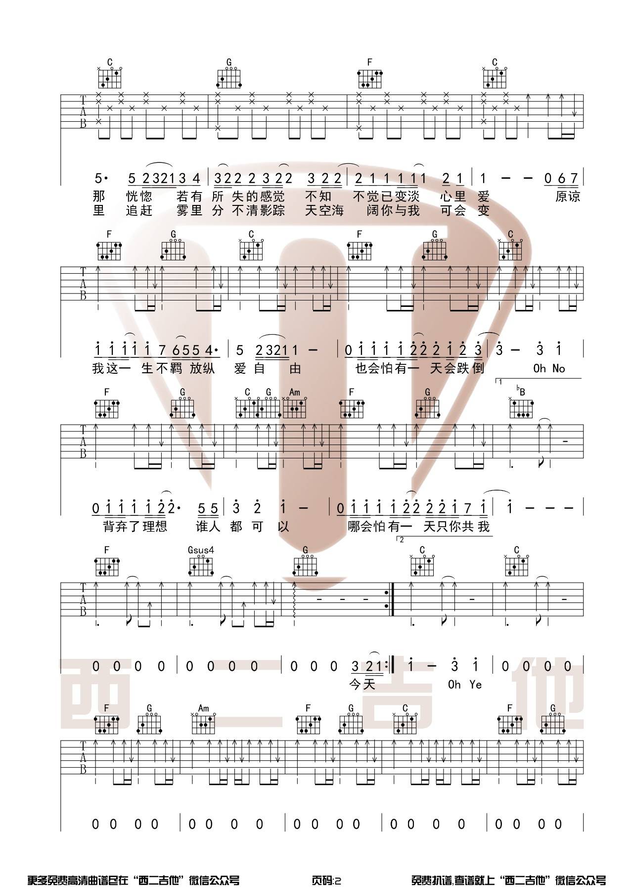 海阔天空吉他谱西二吉他C调六线谱附弹唱视频演示第(2)页